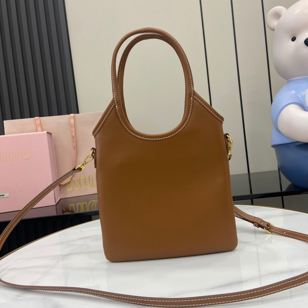Brown Leather Letter-Motif Vintage-Finish Tote Bag