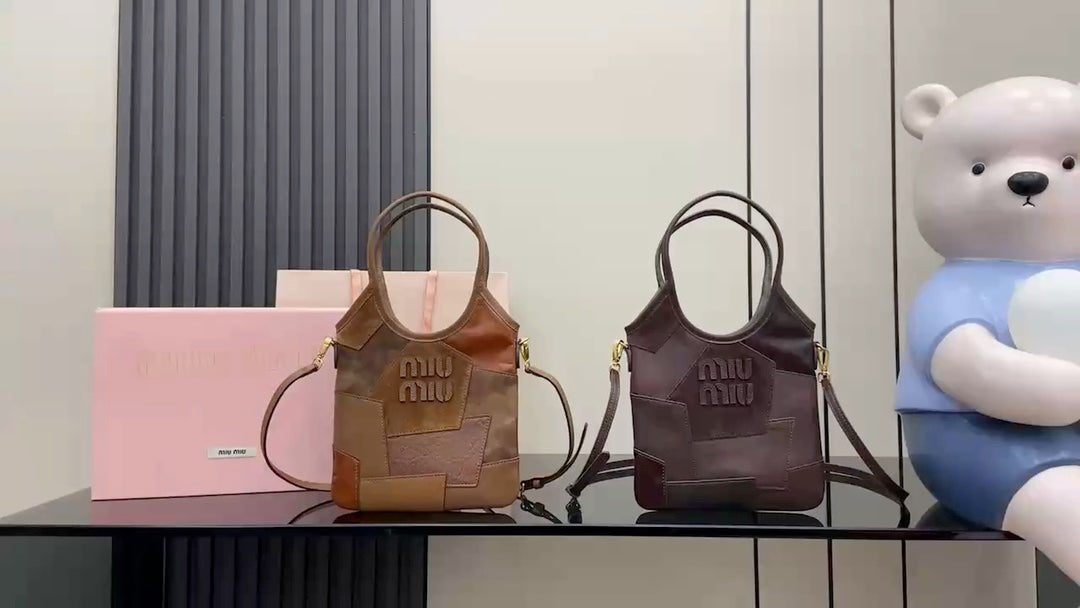 Brown Lambskin Leather Letter-Motif Tote Bag