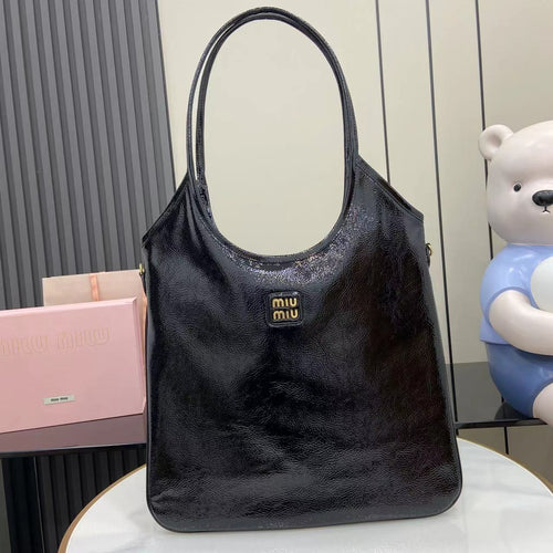 Black Leather Letter-Motif Tote Bag