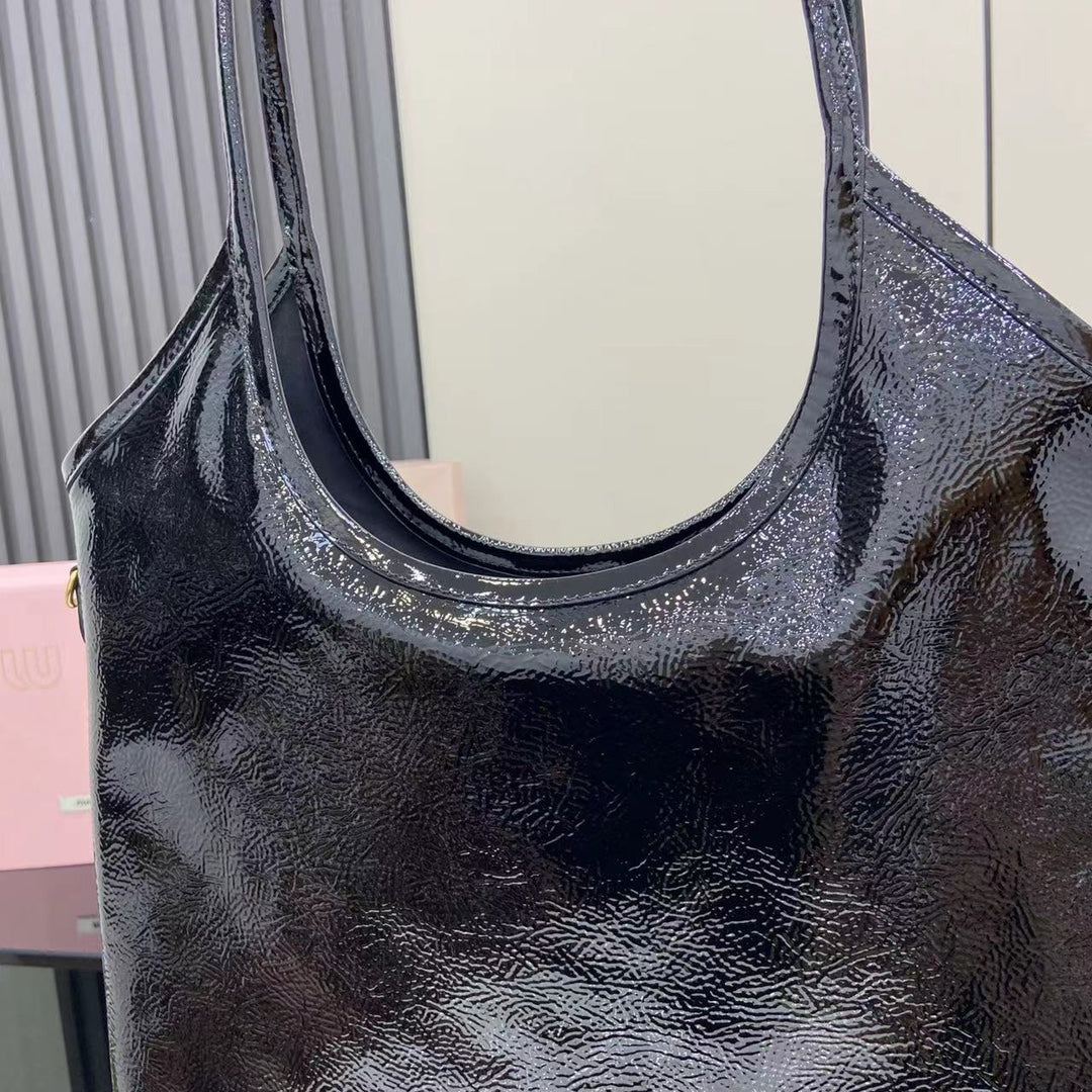 Black Leather Letter-Motif Tote Bag