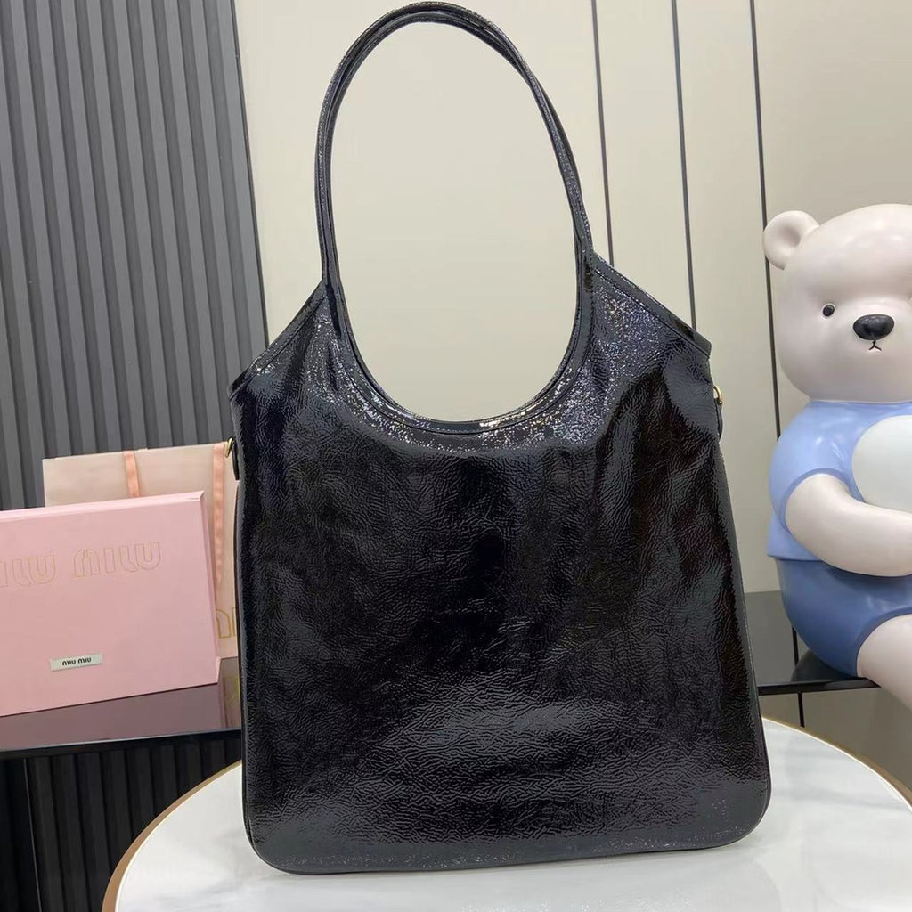 Black Leather Letter-Motif Tote Bag