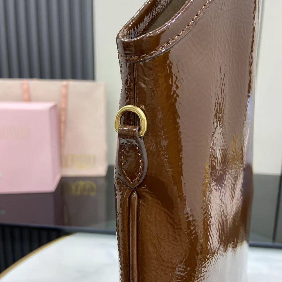 Brown Leather Letter-Motif Tote Bag