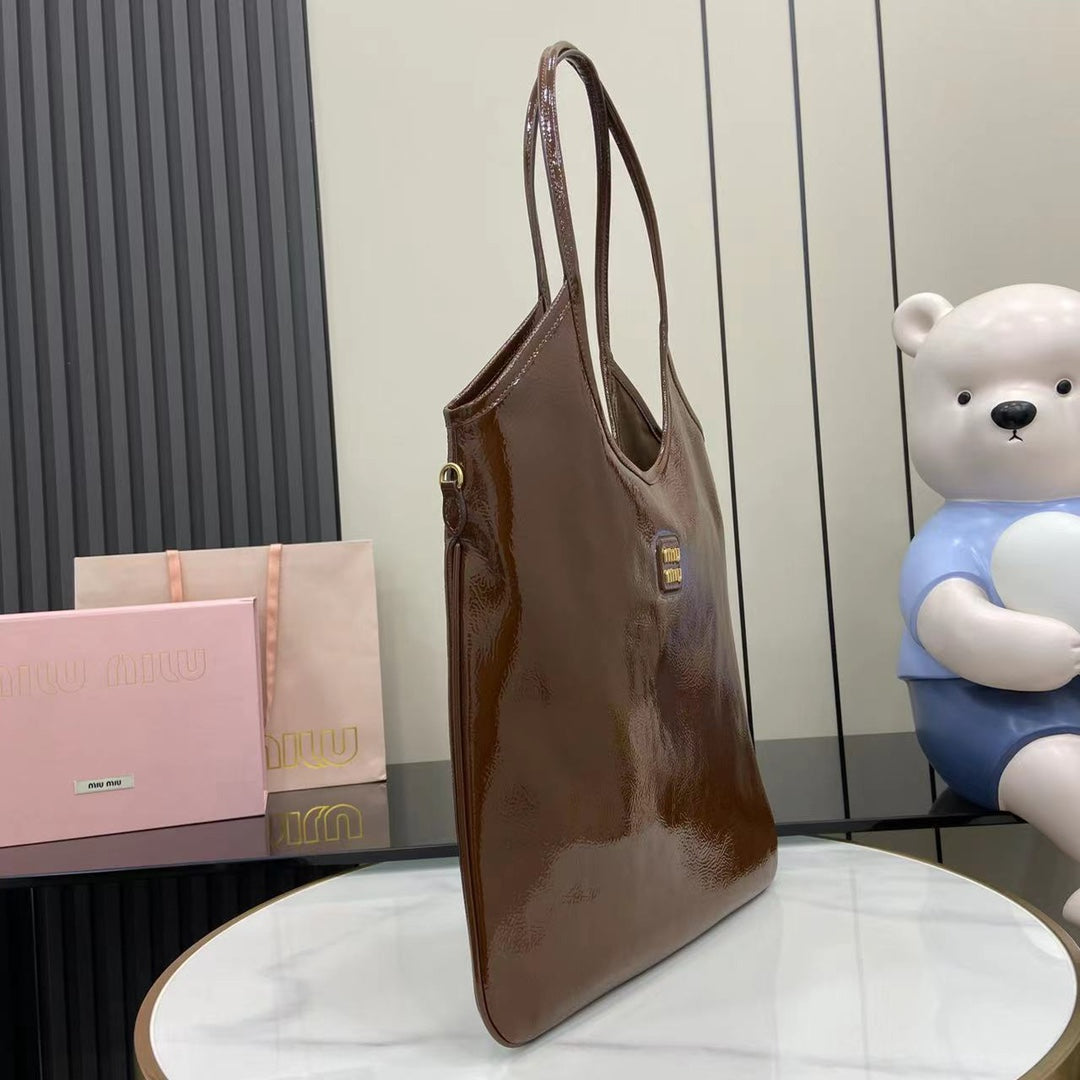 Brown Leather Letter-Motif Tote Bag