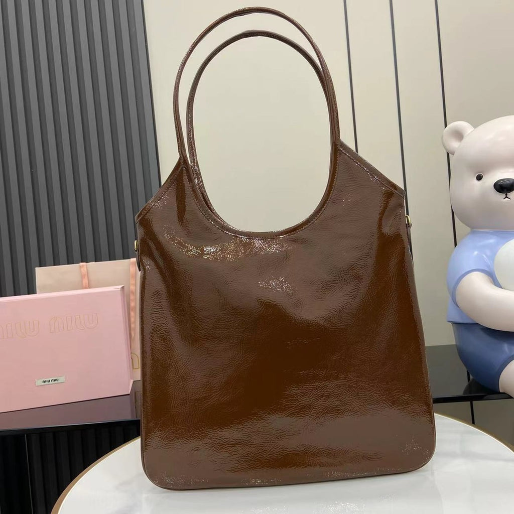 Brown Leather Letter-Motif Tote Bag