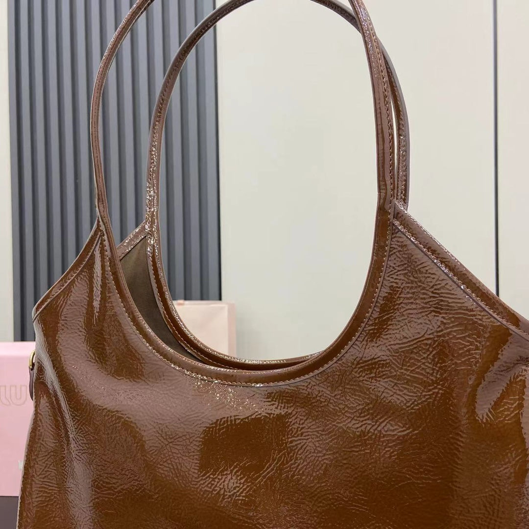 Brown Leather Letter-Motif Tote Bag