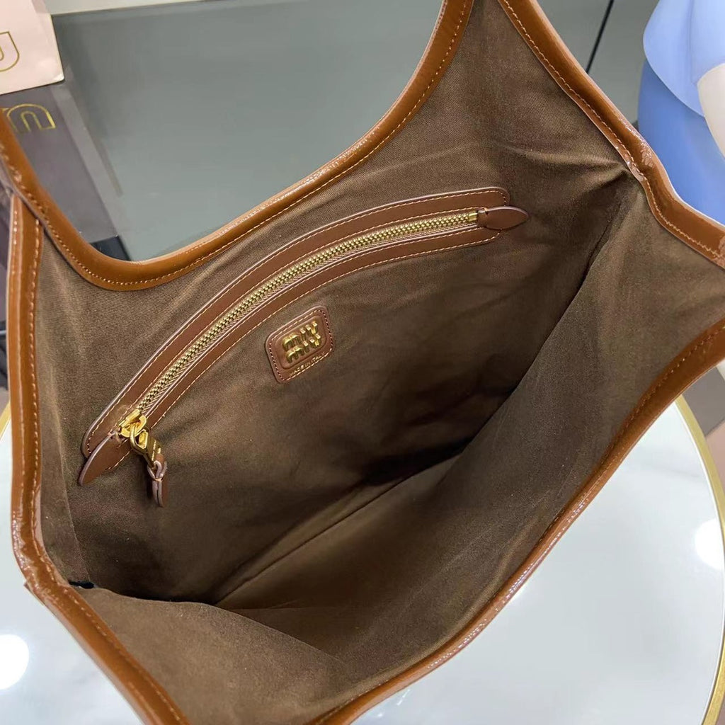 Brown Leather Letter-Motif Tote Bag