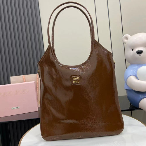 Brown Leather Letter-Motif Tote Bag