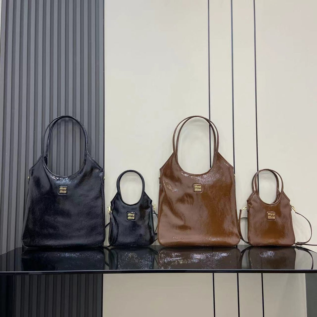 Brown Leather Letter-Motif Tote Bag