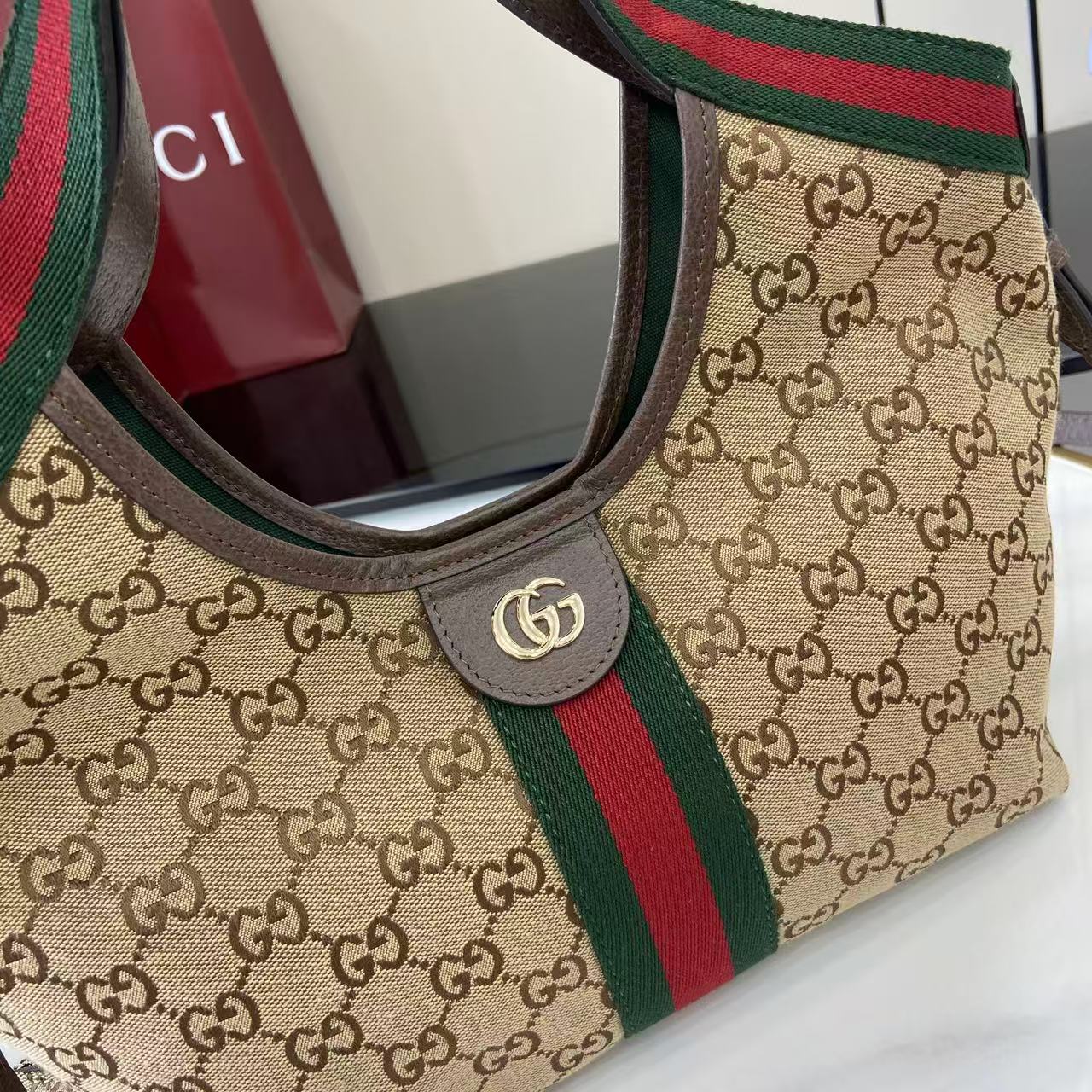 Gucci Brown Linen Double G Tote Bag