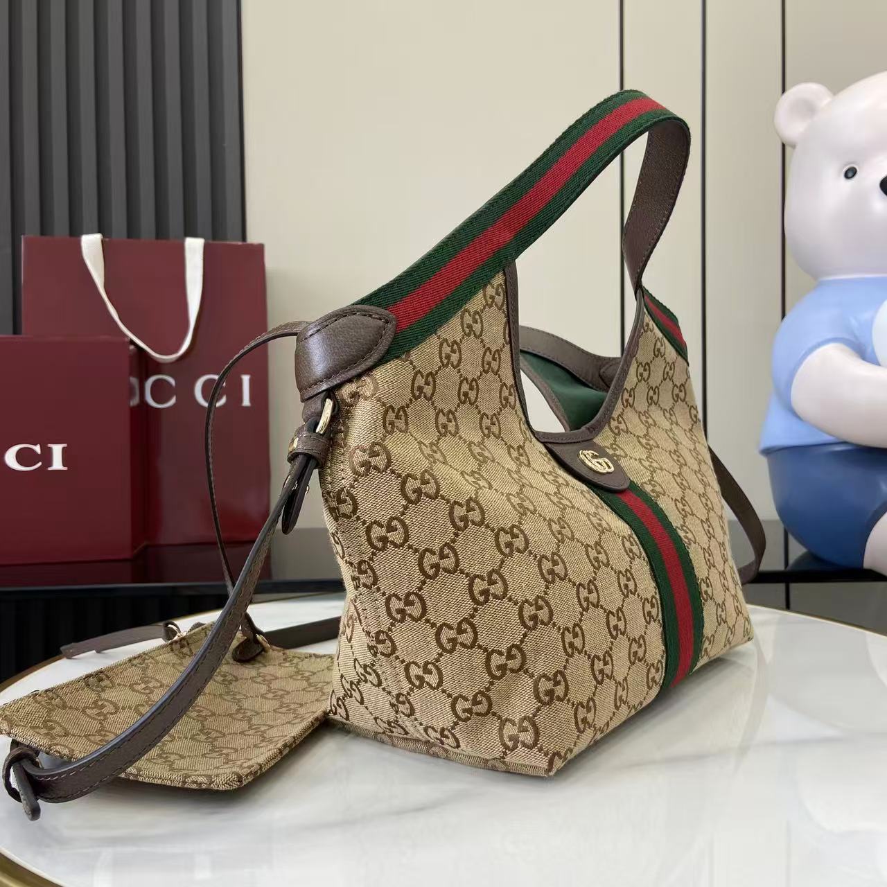 Gucci Brown Linen Double G Tote Bag