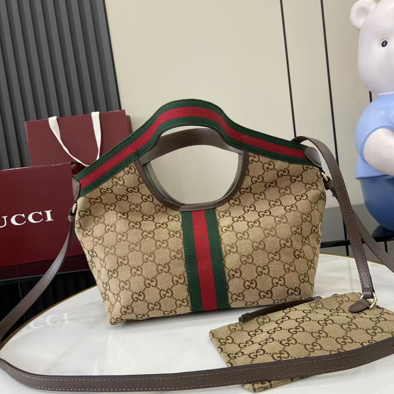 Gucci Brown Linen Double G Tote Bag