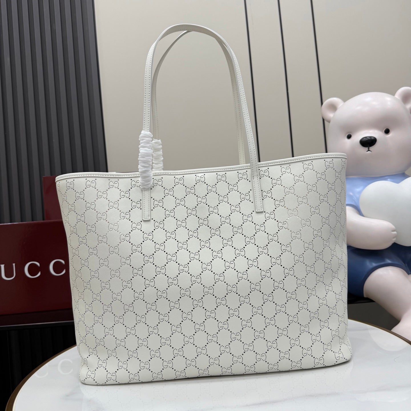 Gucci White Leather Openwork Tote Bag