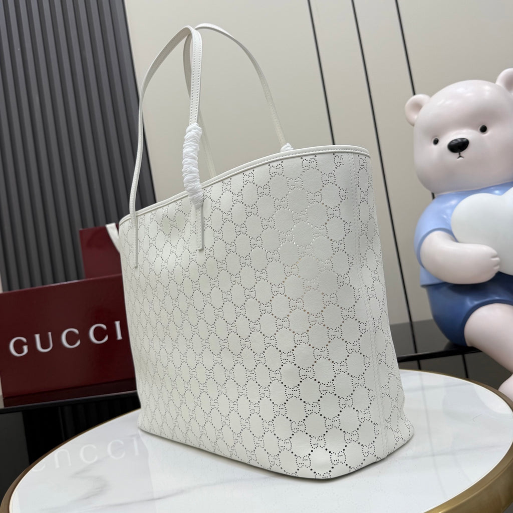 Gucci White Leather Openwork Tote Bag