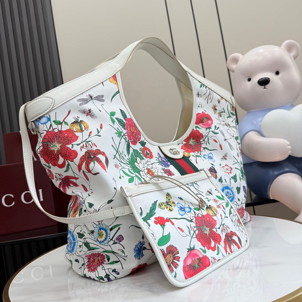 Gucci White Leather Double G Printed Tote Bag