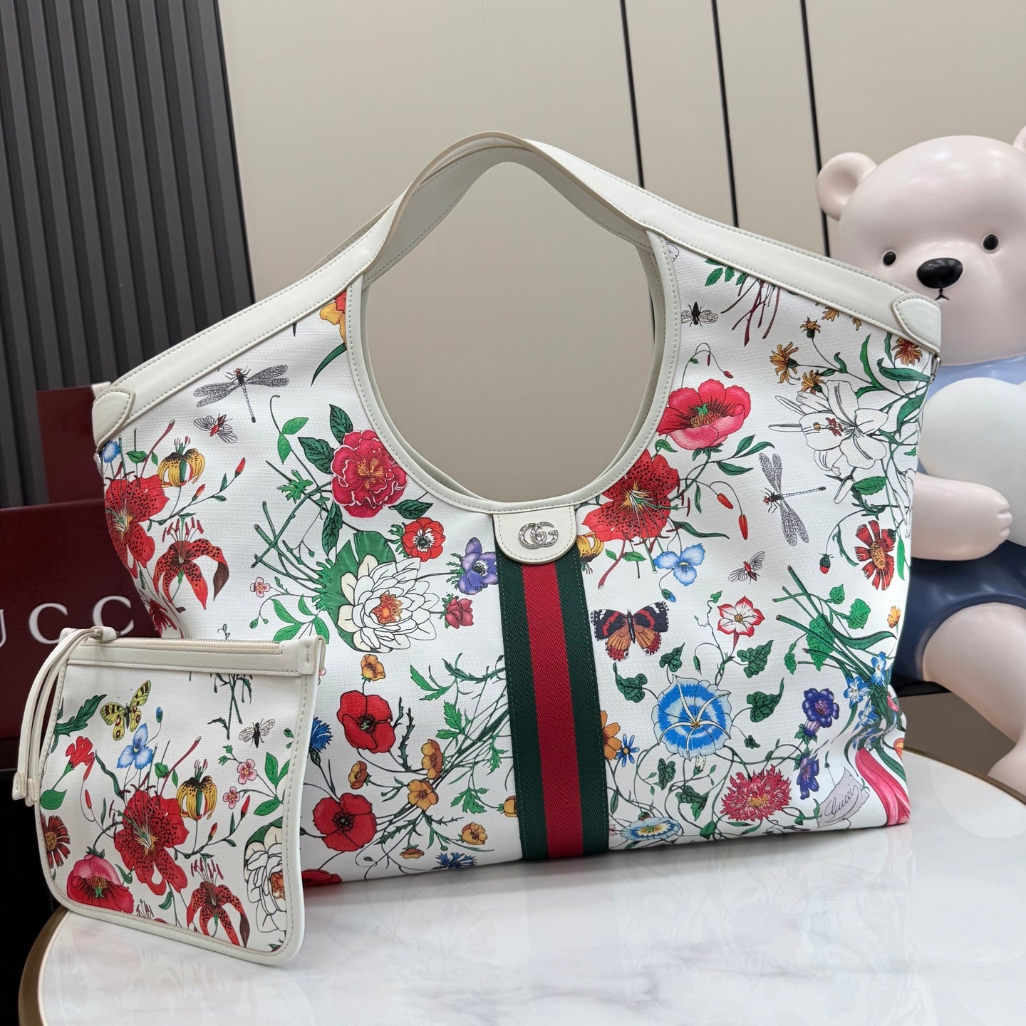 Gucci White Leather Double G Printed Tote Bag