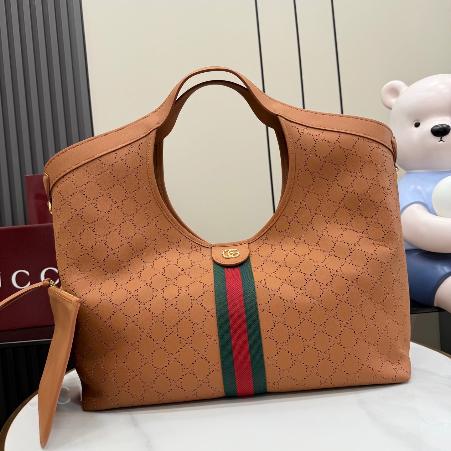 Gucci White Leather Drawstring Tote Bag