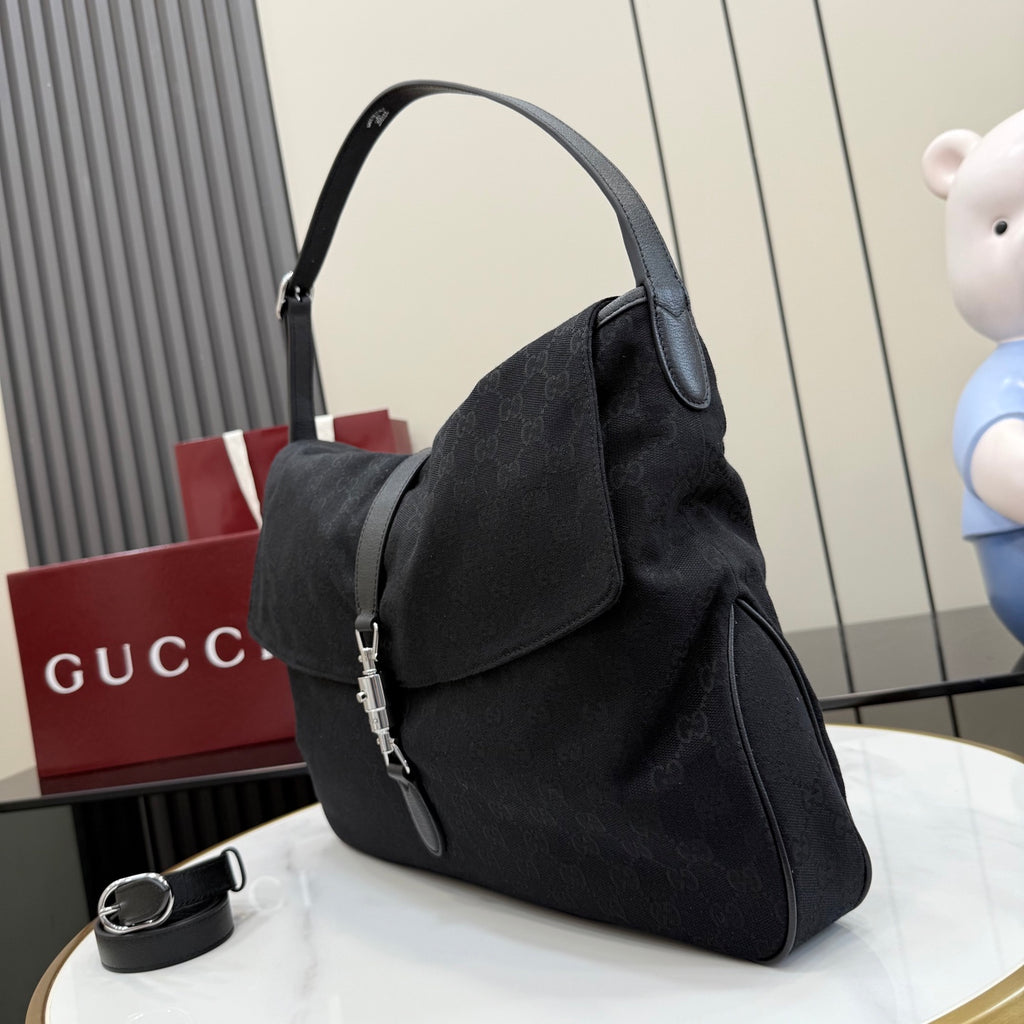 Gucci Jackie 1961 Black Leather Lock-Detail Lock Tote Bag