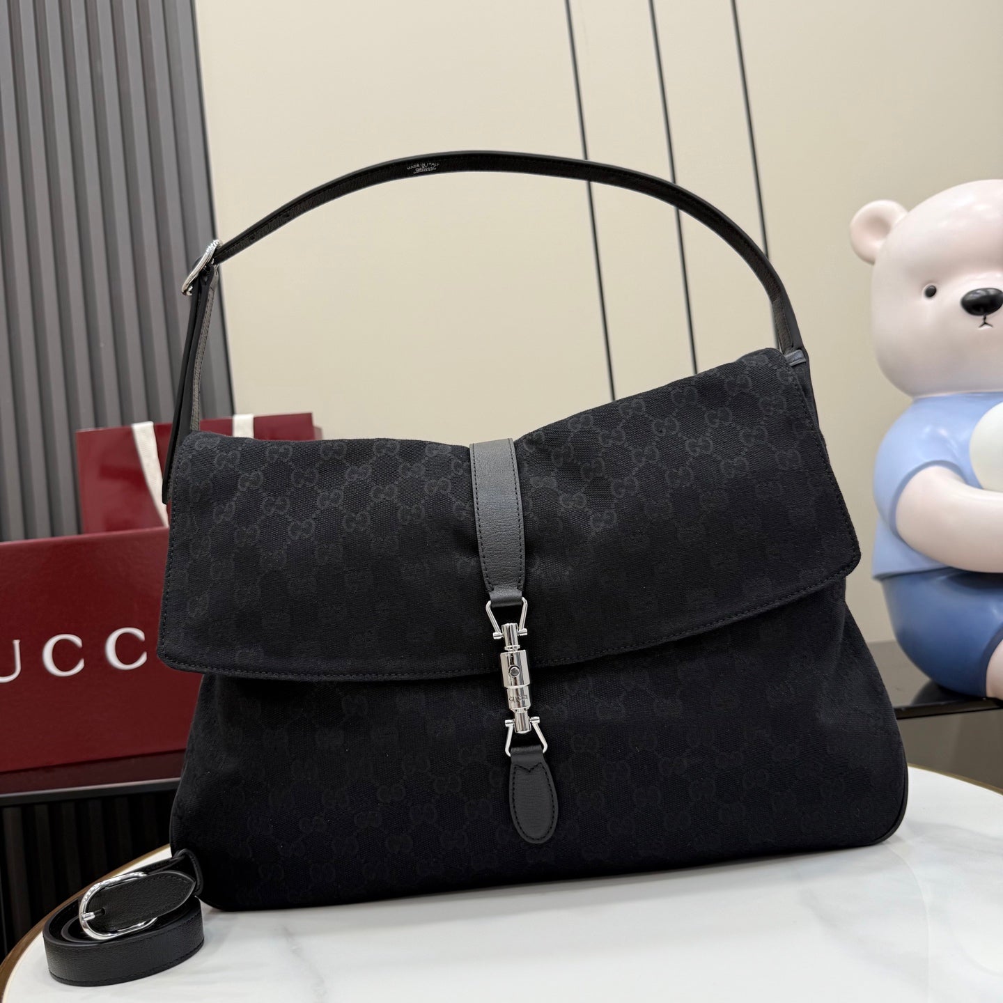Gucci Jackie 1961 Black Leather Lock-Detail Lock Tote Bag