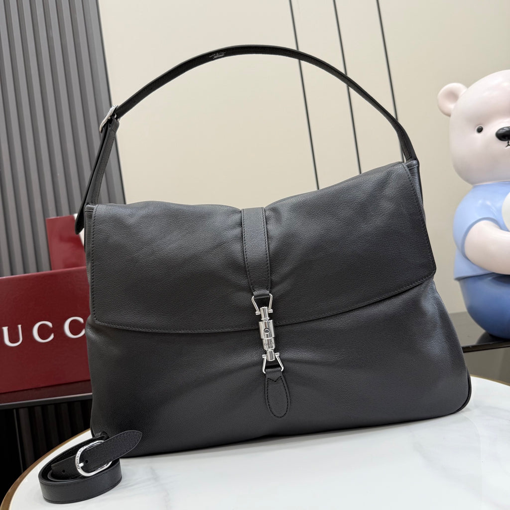 Gucci Jackie 1961 Black Lambskin Leather Lock-Detail Lock Bag