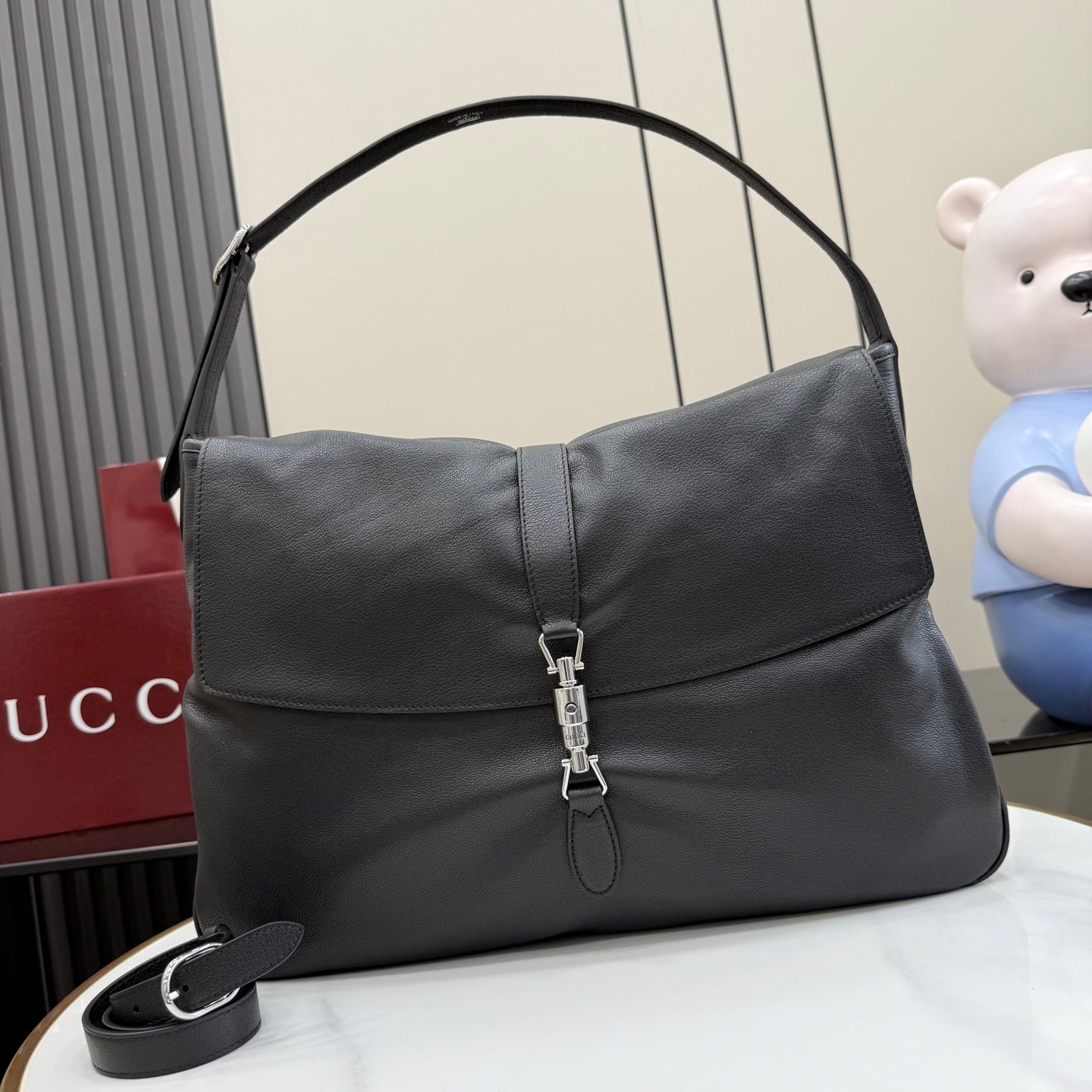 Gucci Jackie 1961 Black Lambskin Leather Lock-Detail Lock Bag