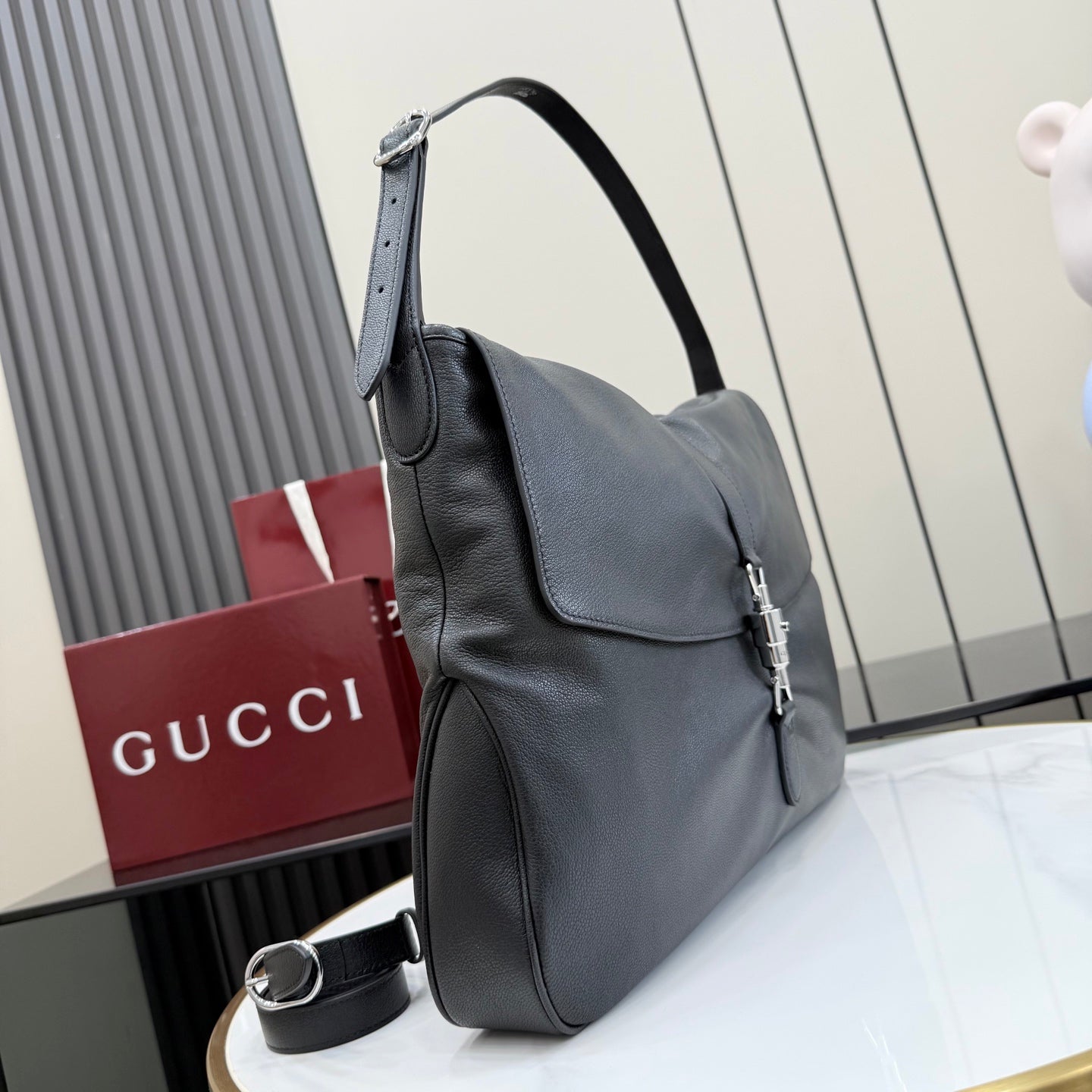Gucci Jackie 1961 Black Lambskin Leather Lock-Detail Lock Bag