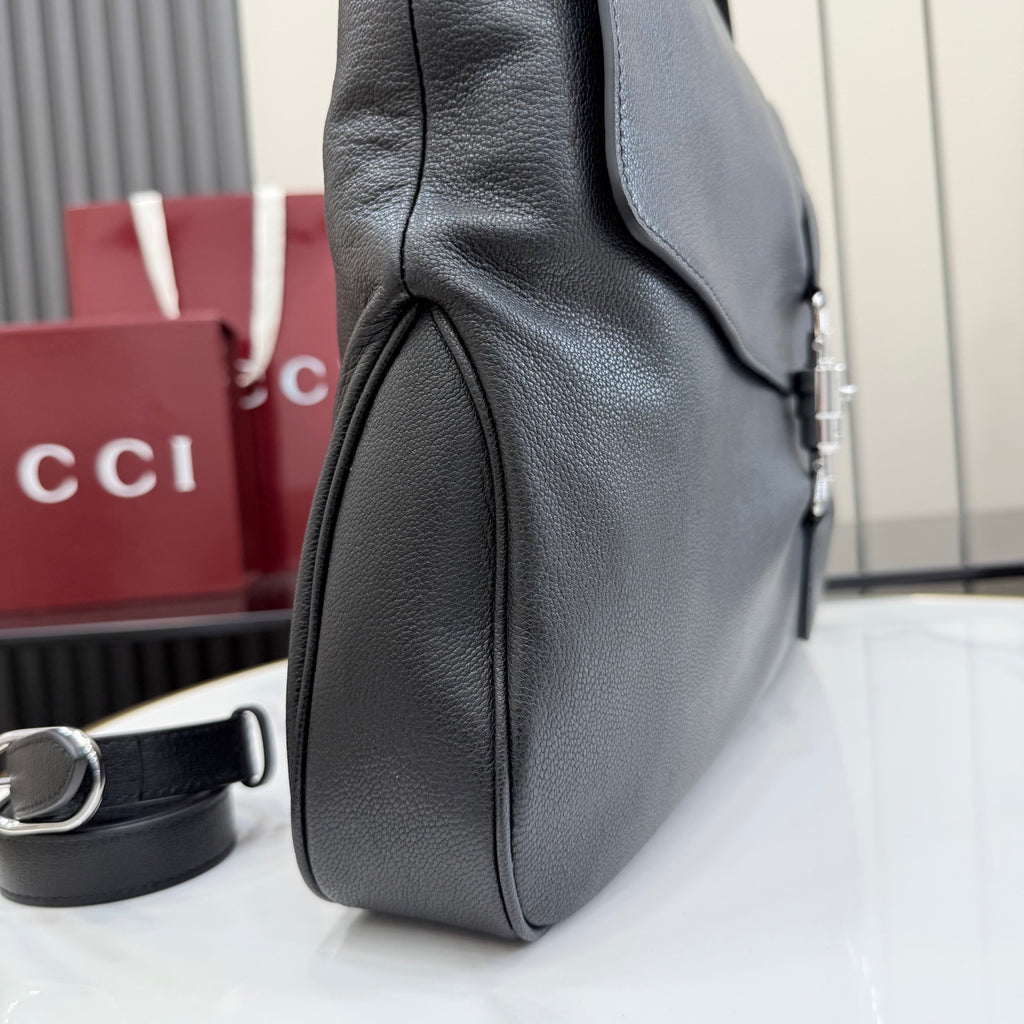 Gucci Jackie 1961 Black Lambskin Leather Lock-Detail Lock Bag