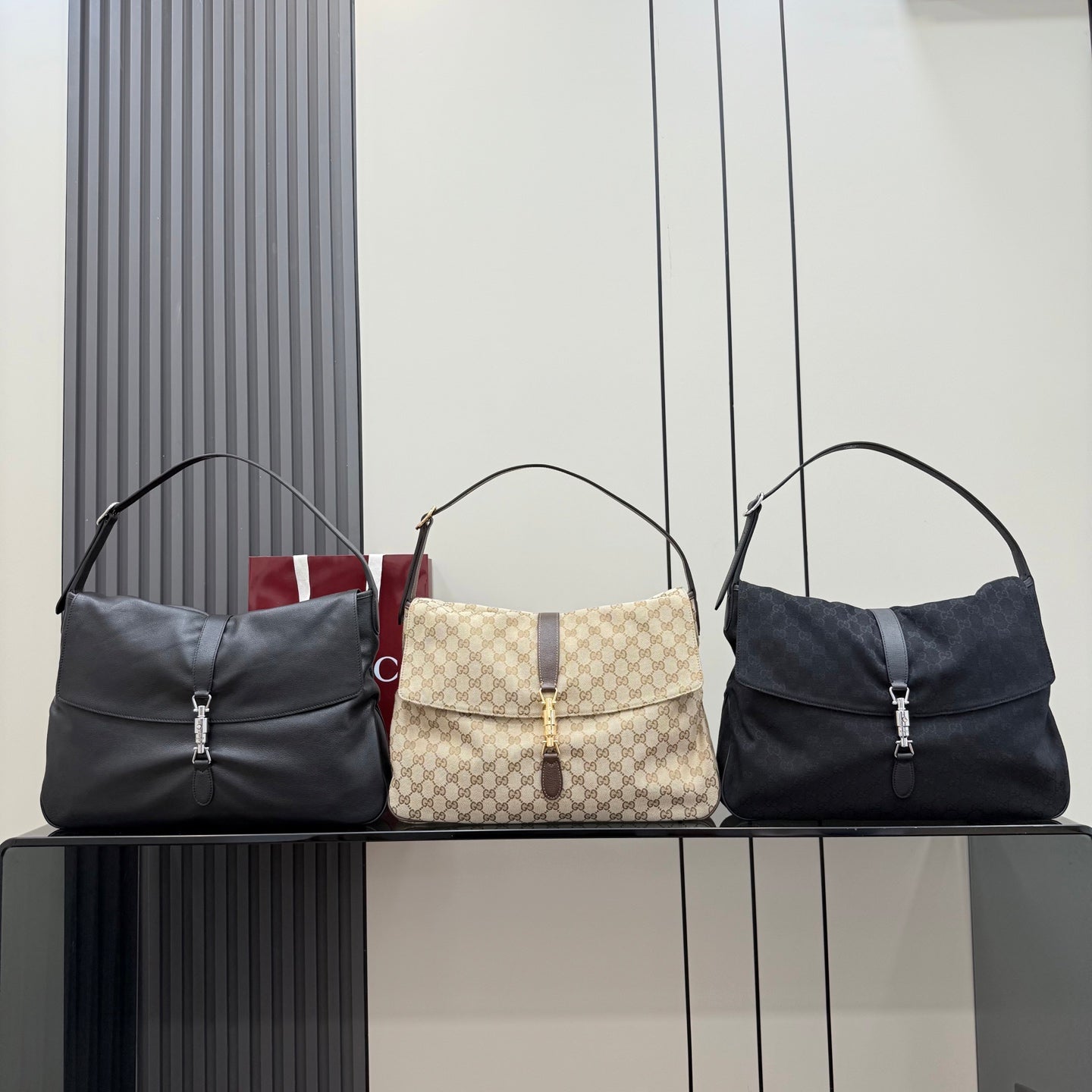 Gucci Jackie 1961 Black Lambskin Leather Lock-Detail Lock Bag