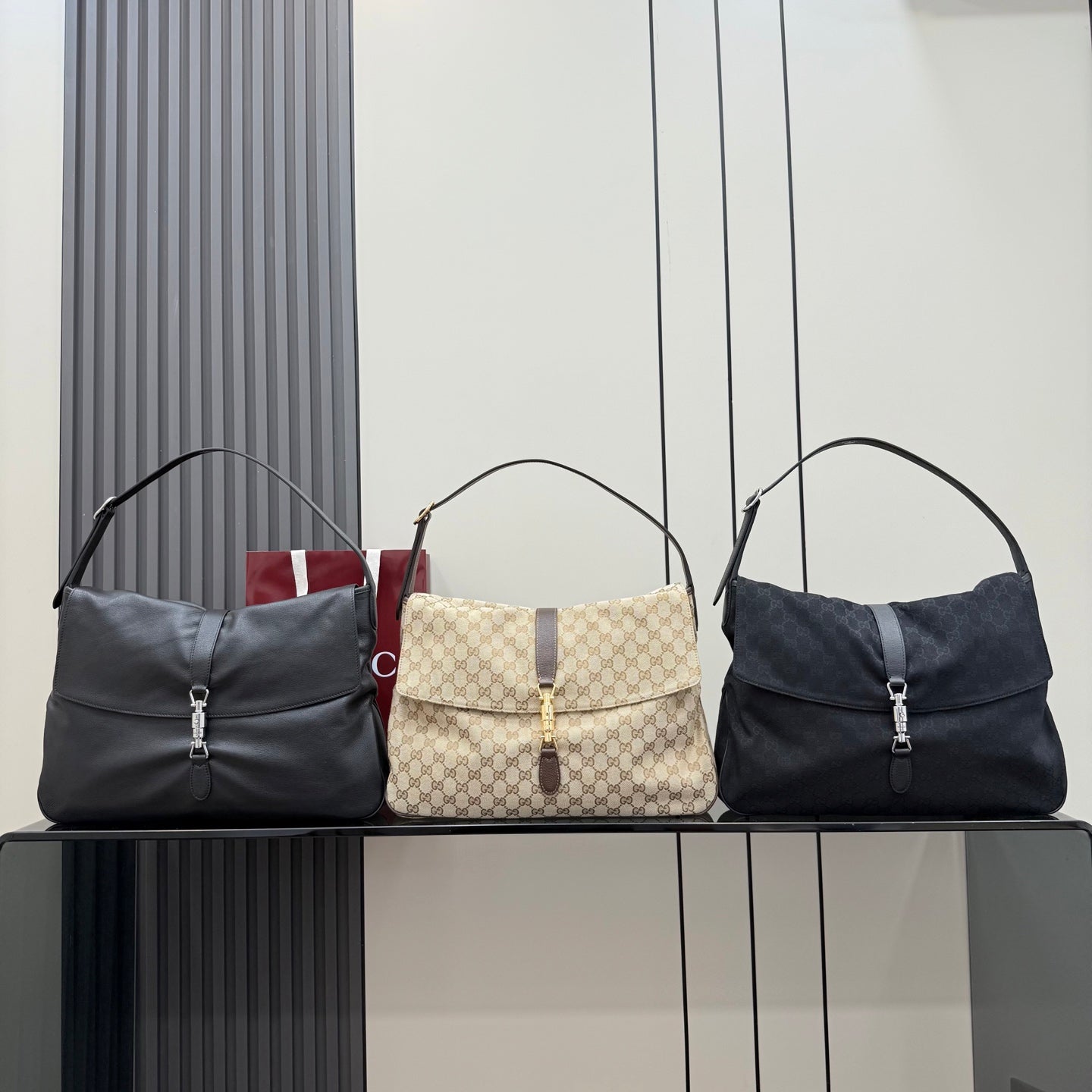 Gucci Jackie 1961 Black Lambskin Leather Lock-Detail Lock Bag