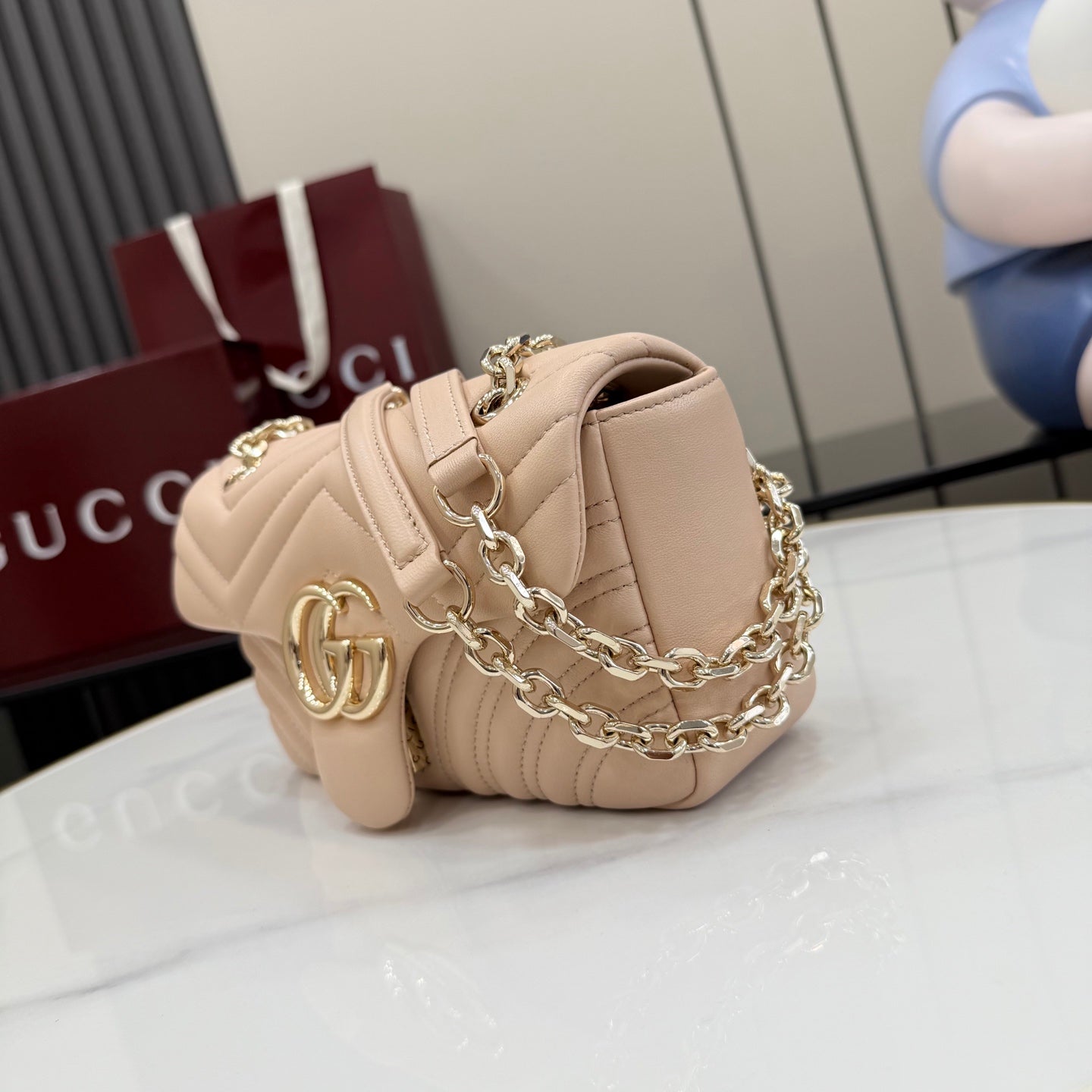Gucci GG Marmont Pink Lambskin Leather Chain-Detail Double G Handbag
