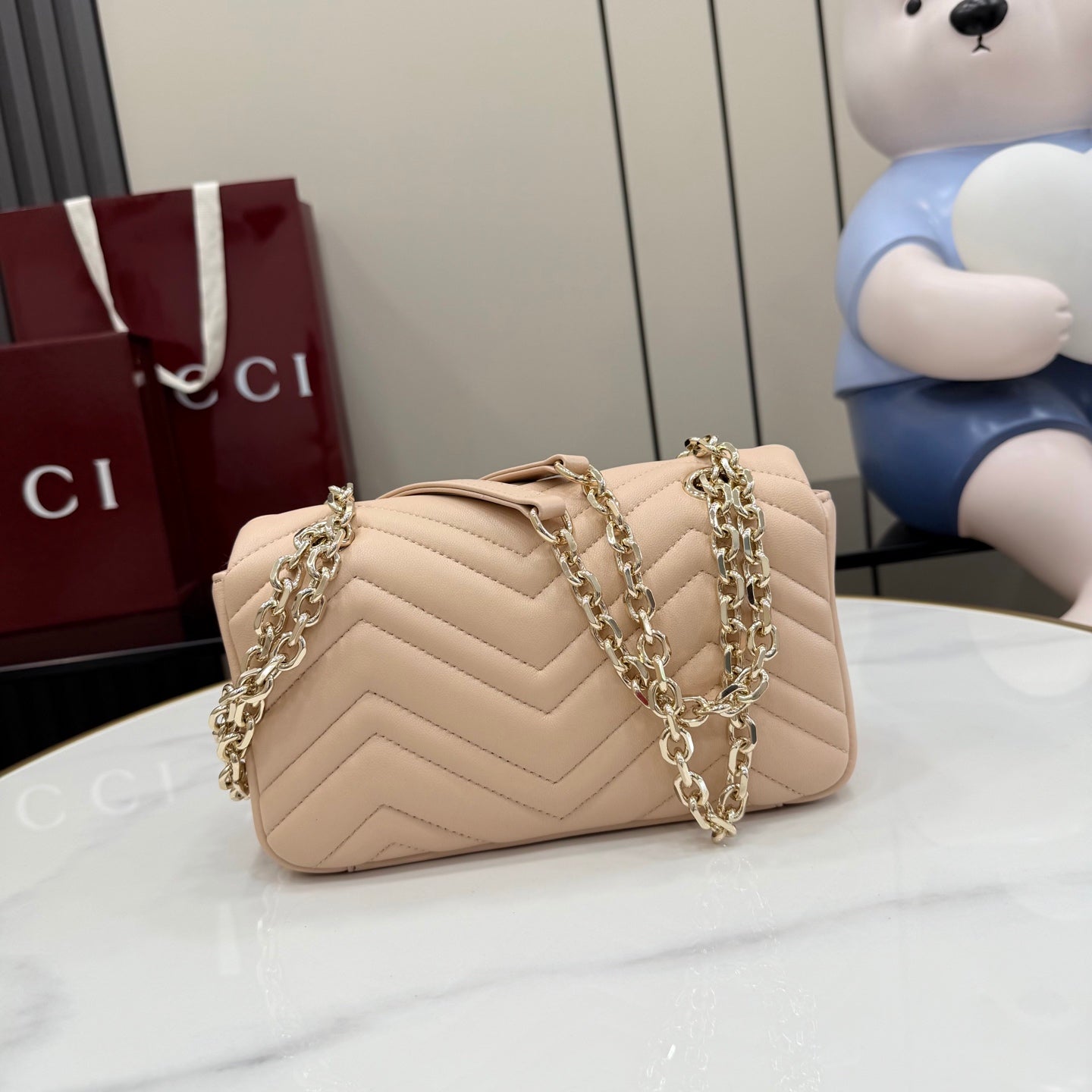 Gucci GG Marmont Pink Lambskin Leather Chain-Detail Double G Handbag