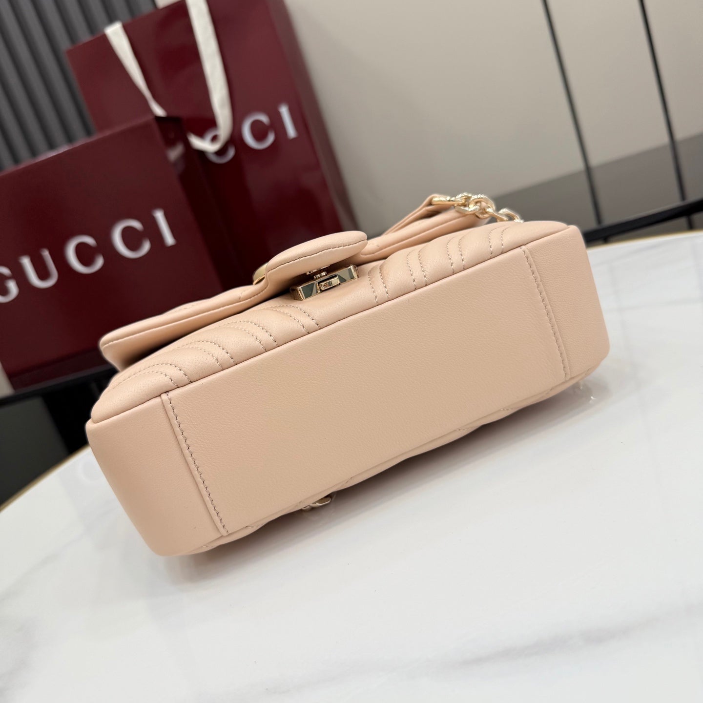 Gucci GG Marmont Pink Lambskin Leather Chain-Detail Double G Handbag