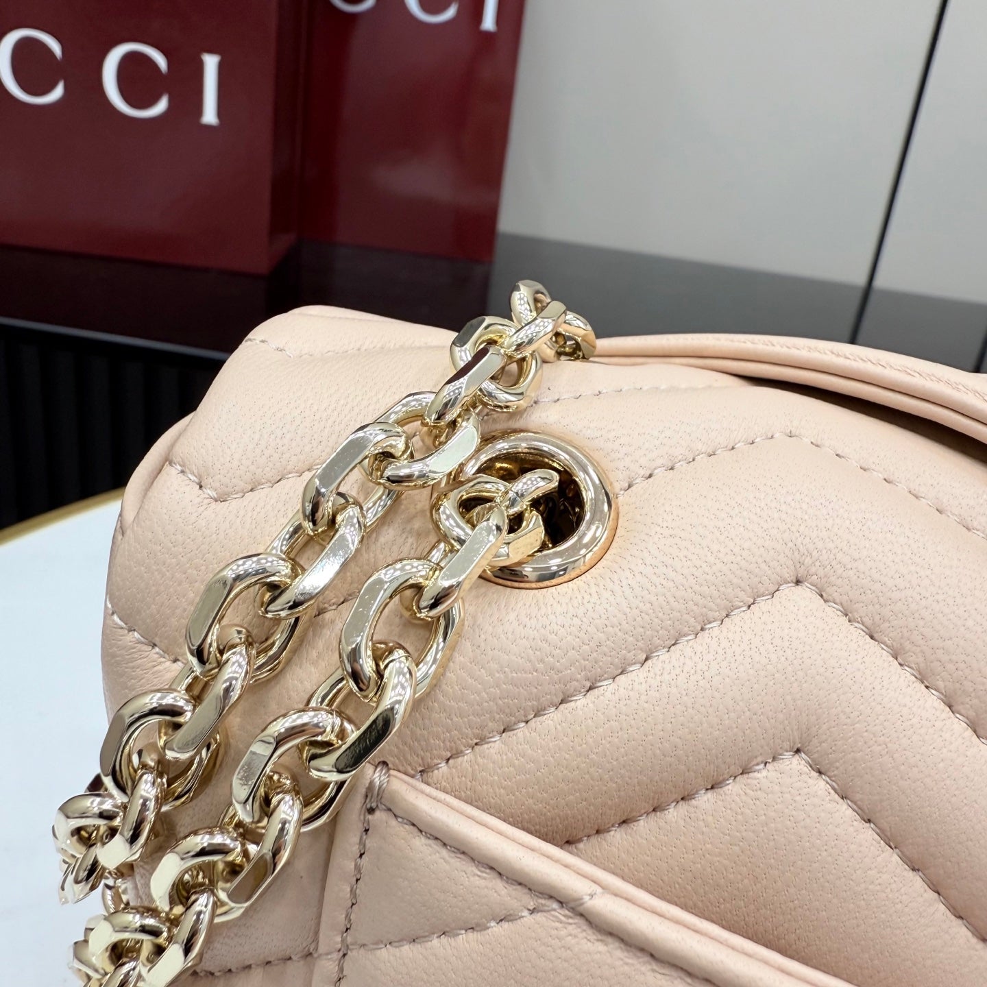Gucci GG Marmont Pink Lambskin Leather Chain-Detail Double G Backpack