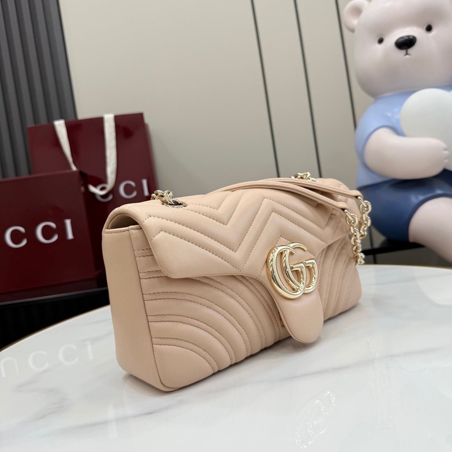 Gucci GG Marmont Pink Lambskin Leather Chain-Detail Double G Backpack