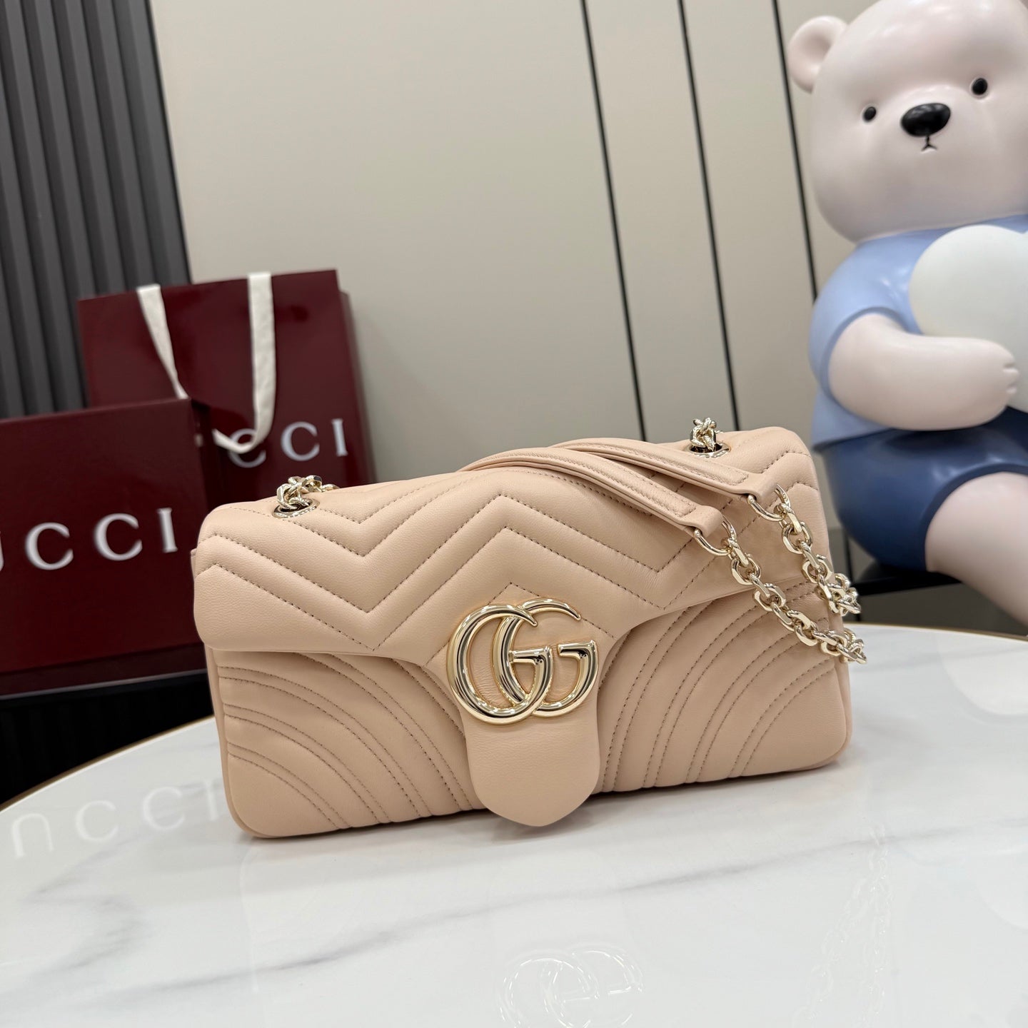 Gucci GG Marmont Pink Lambskin Leather Chain-Detail Double G Backpack
