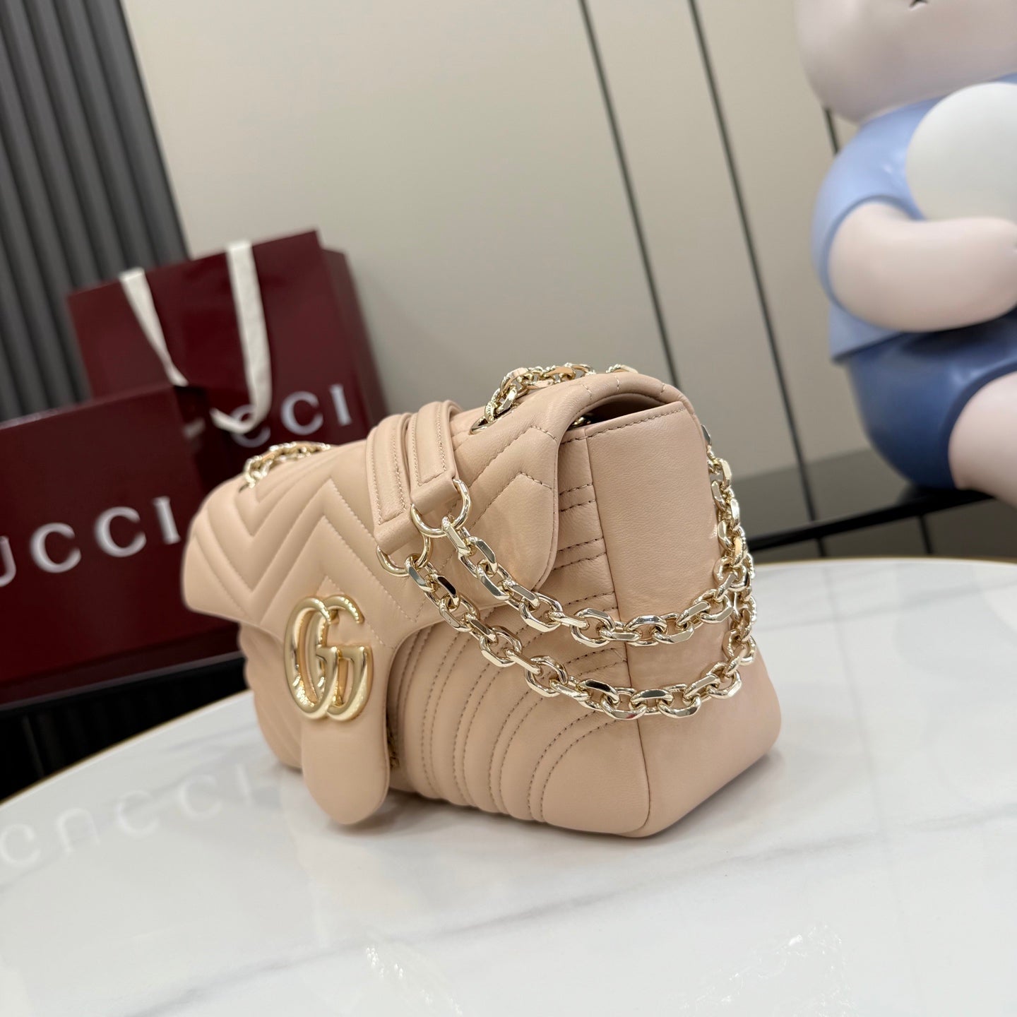 Gucci GG Marmont Pink Lambskin Leather Chain-Detail Double G Backpack