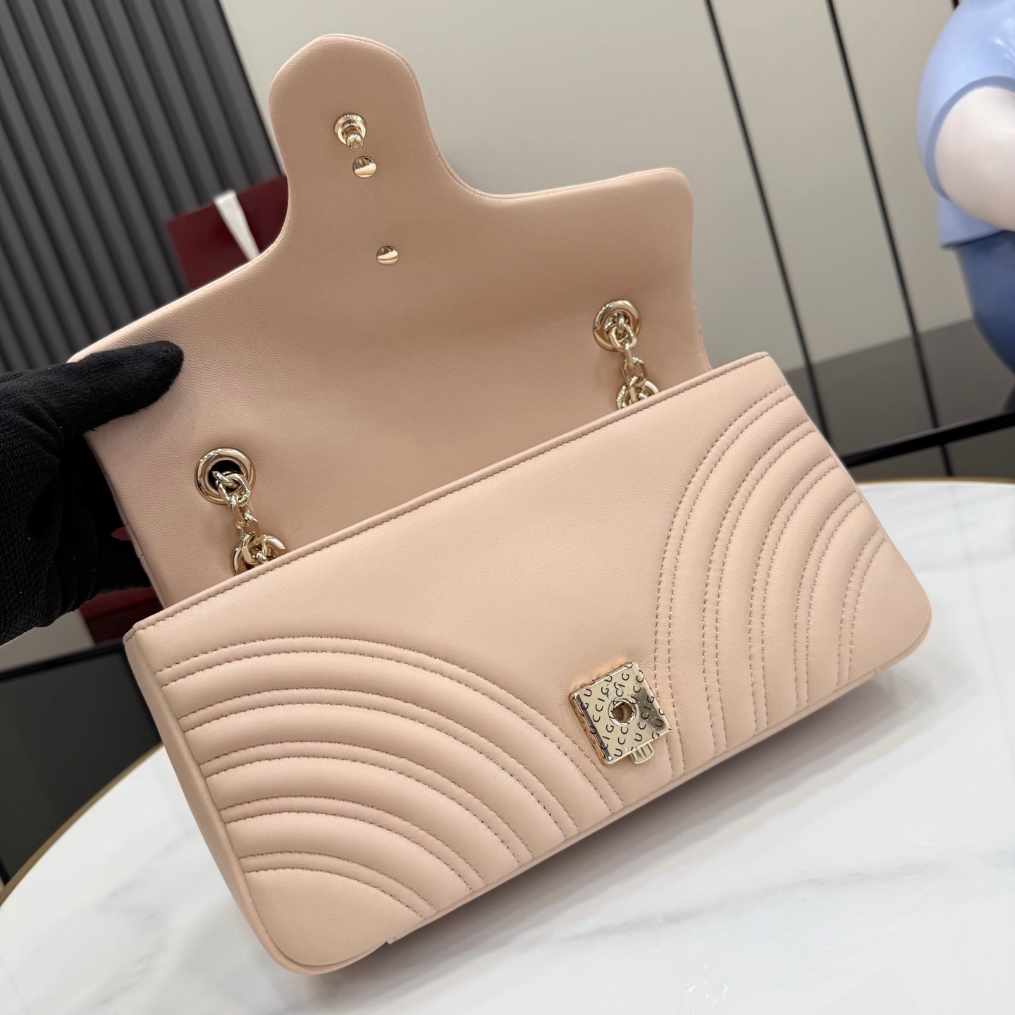 Gucci GG Marmont Pink Lambskin Leather Chain-Detail Double G Backpack