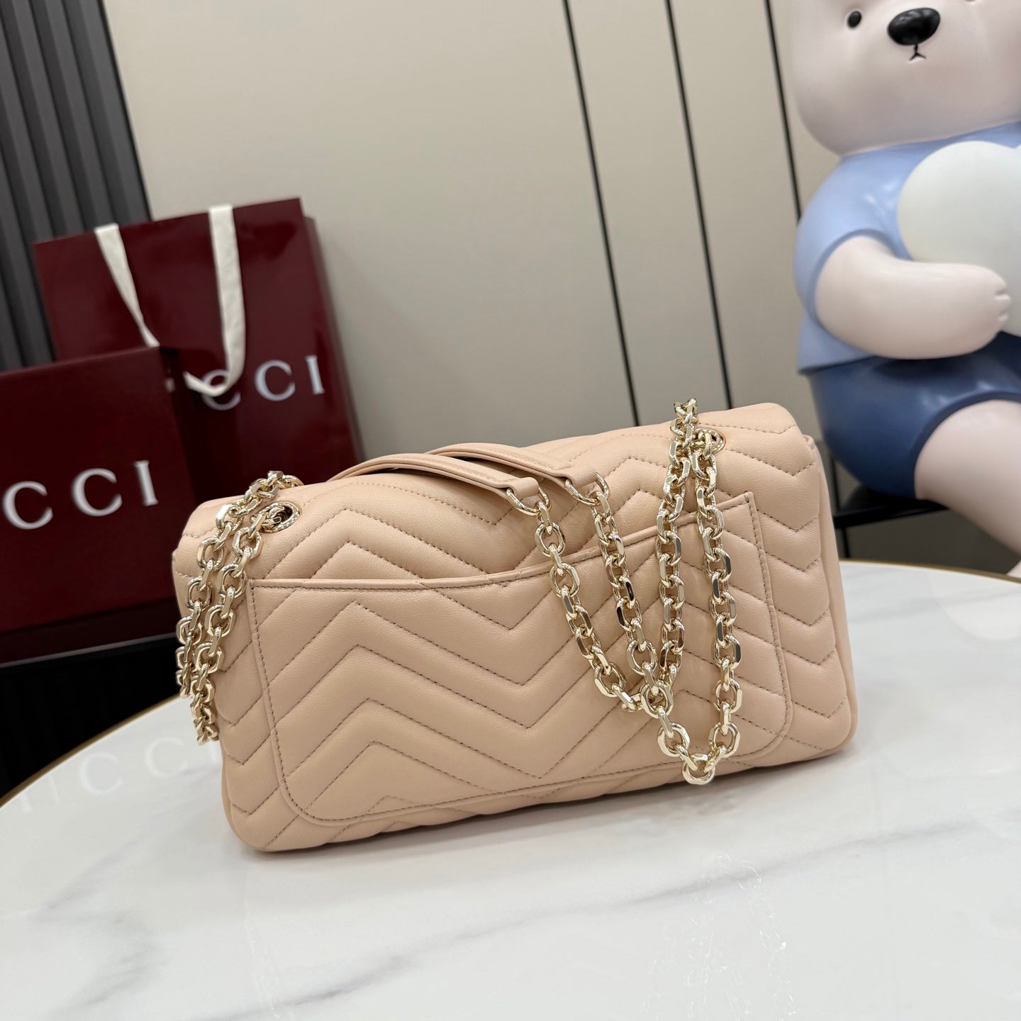 Gucci GG Marmont Pink Lambskin Leather Chain-Detail Double G Backpack