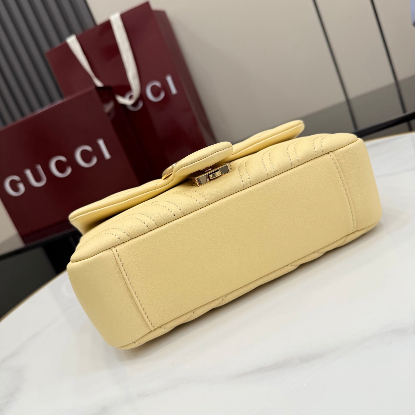 Gucci GG Marmont Yellow Lambskin Leather Chain-Detail Double G Handbag