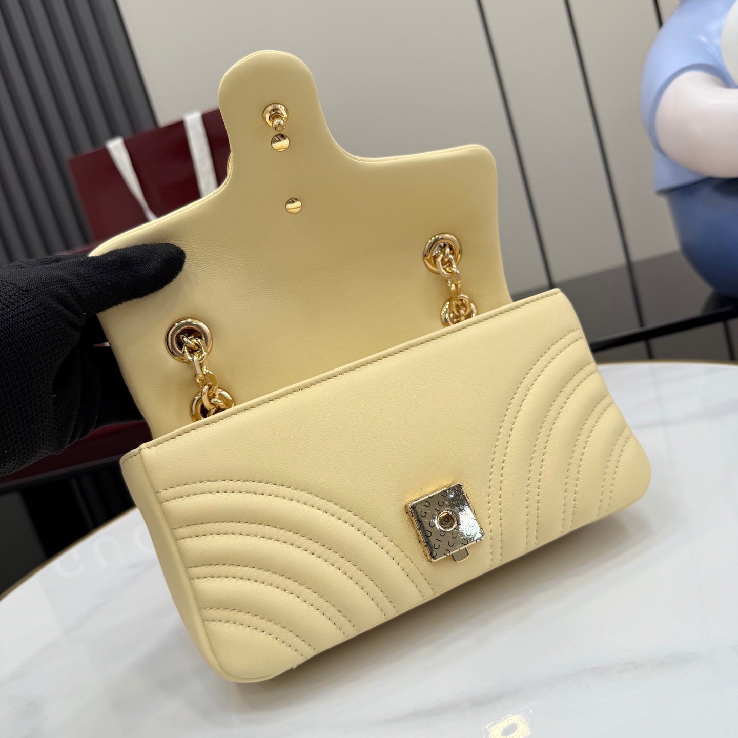 Gucci GG Marmont Yellow Lambskin Leather Chain-Detail Double G Handbag