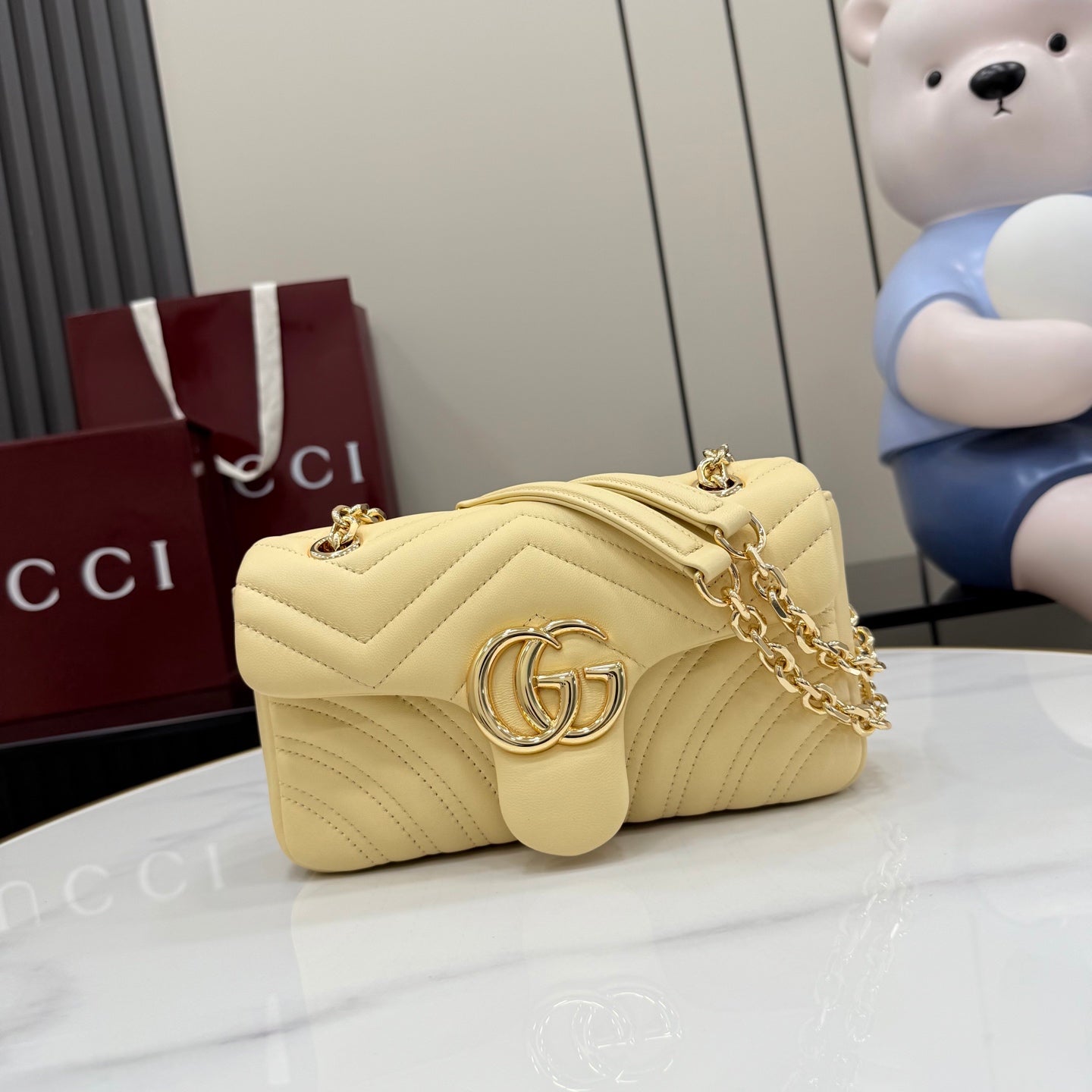 Gucci GG Marmont Yellow Lambskin Leather Chain-Detail Double G Handbag
