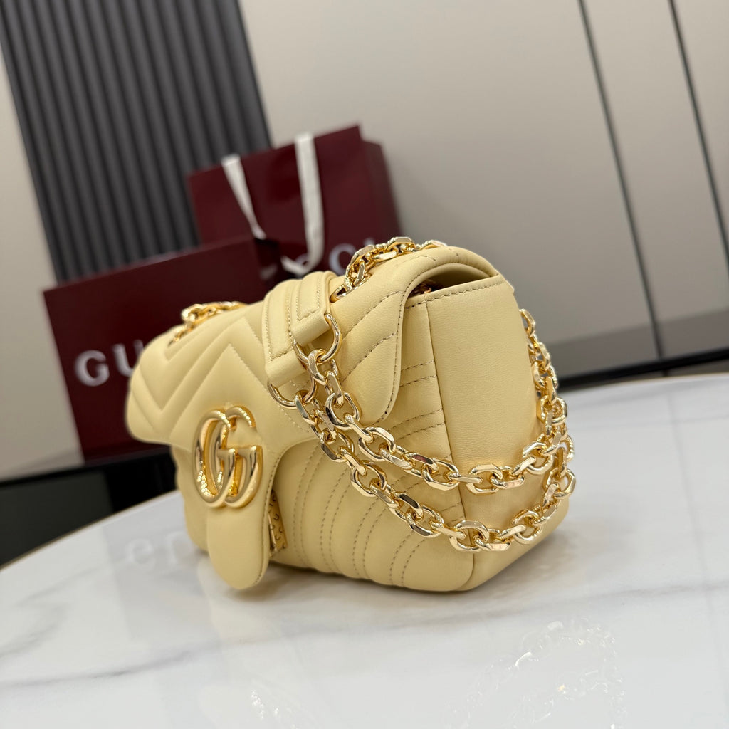 Gucci GG Marmont Yellow Lambskin Leather Chain-Detail Double G Handbag