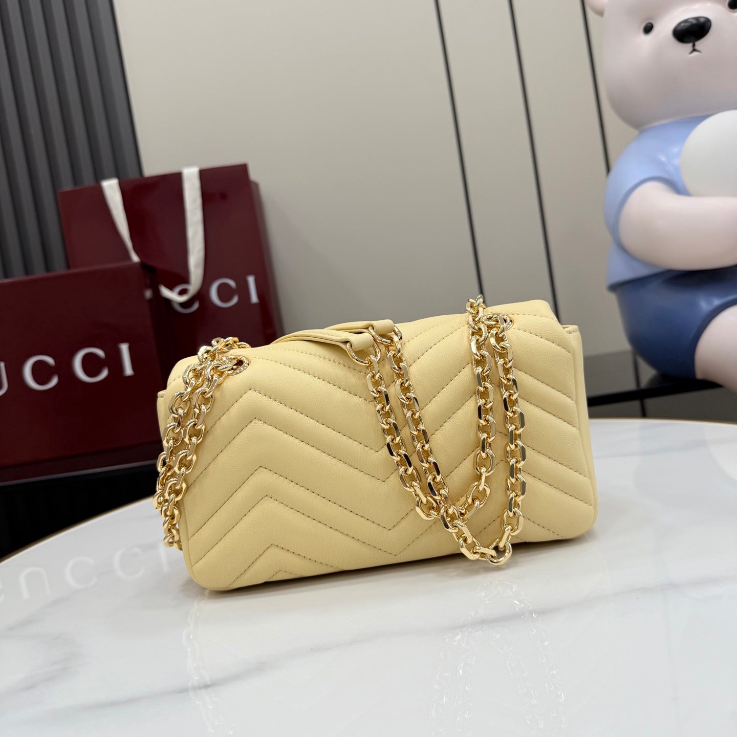Gucci GG Marmont Yellow Lambskin Leather Chain-Detail Double G Handbag