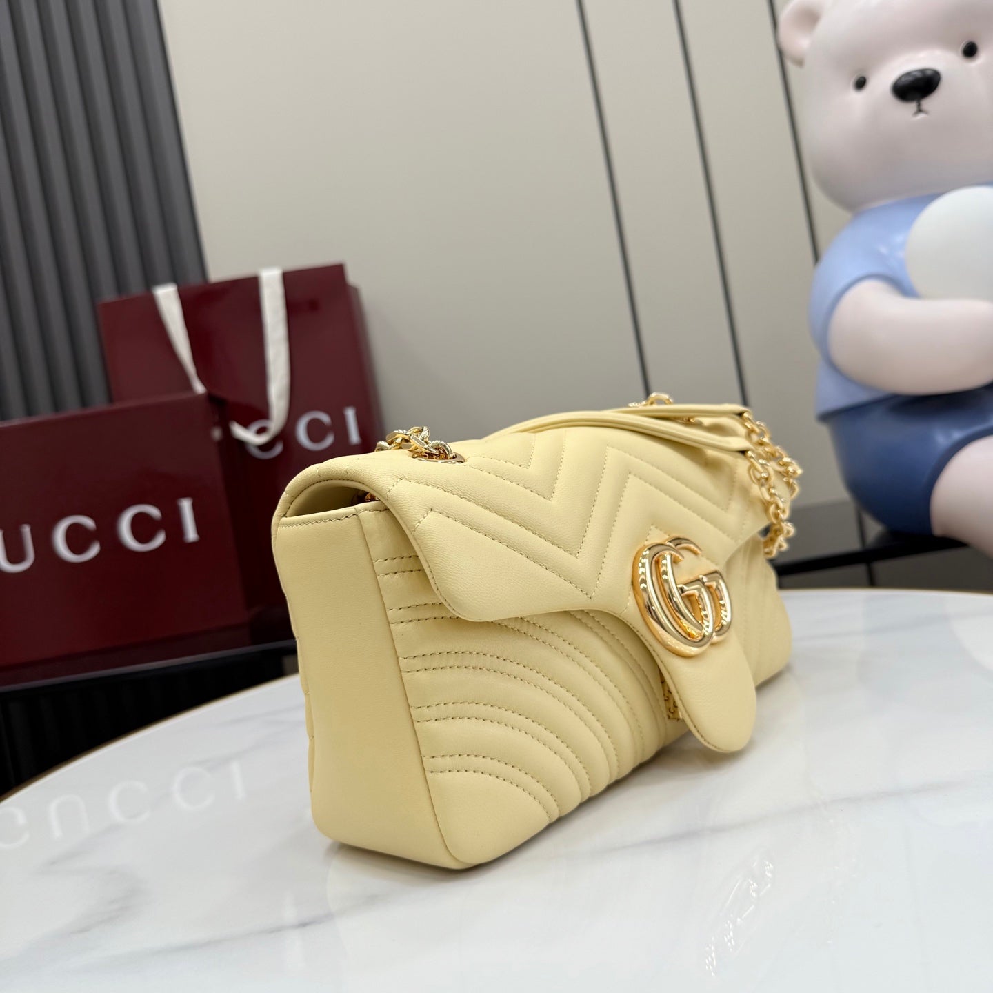 Gucci GG Marmont Yellow Lambskin Leather Chain-Detail Double G Backpack