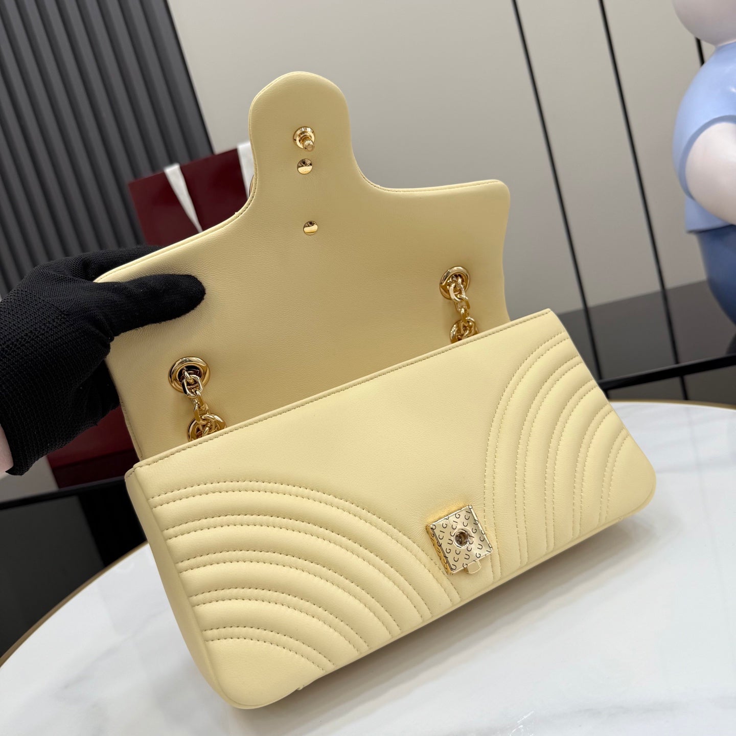 Gucci GG Marmont Yellow Lambskin Leather Chain-Detail Double G Backpack