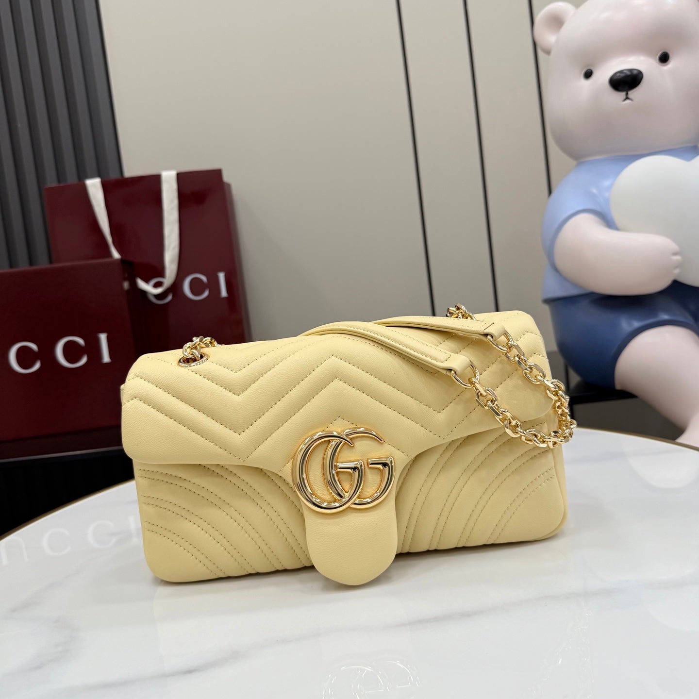 Gucci GG Marmont Yellow Lambskin Leather Chain-Detail Double G Backpack