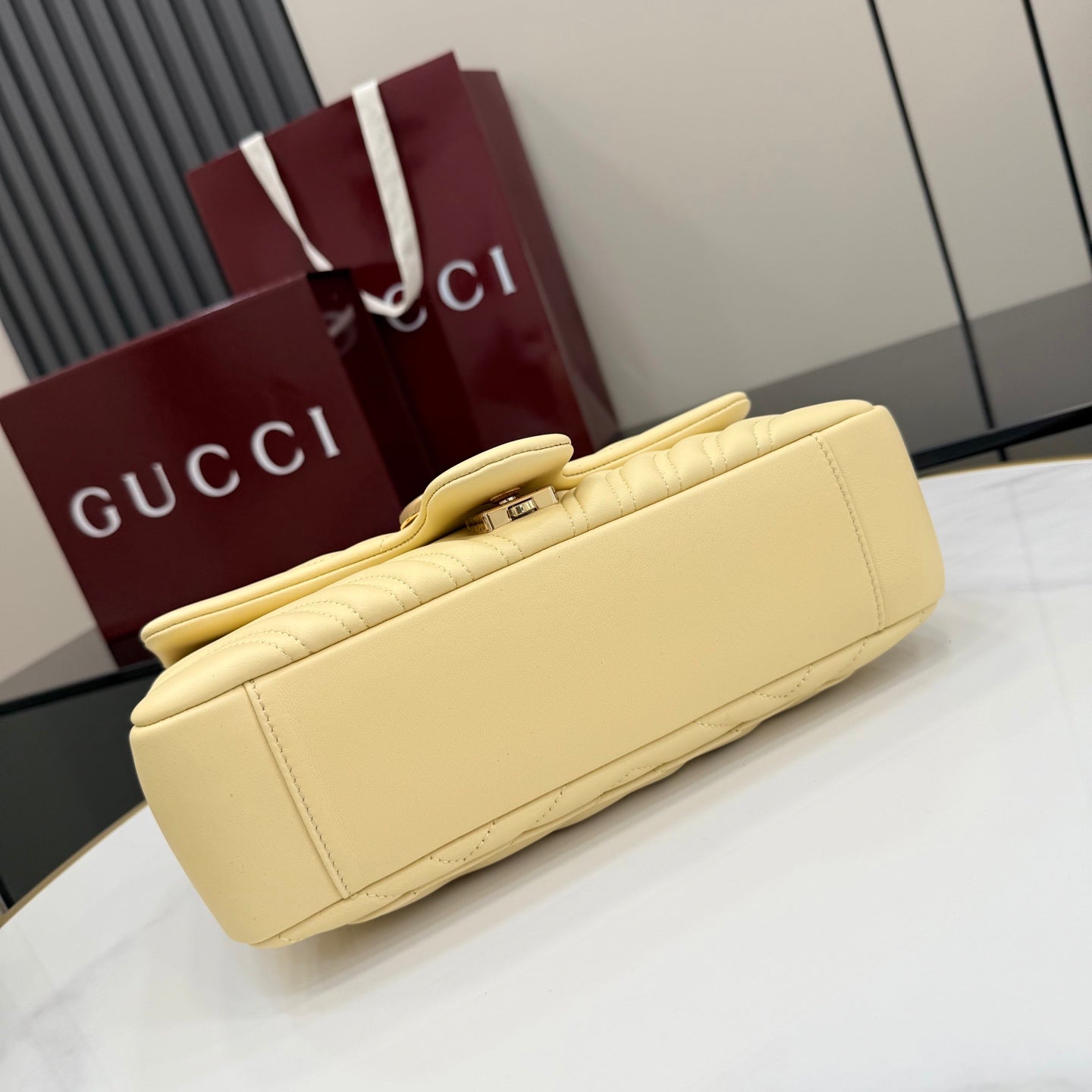 Gucci GG Marmont Yellow Lambskin Leather Chain-Detail Double G Backpack