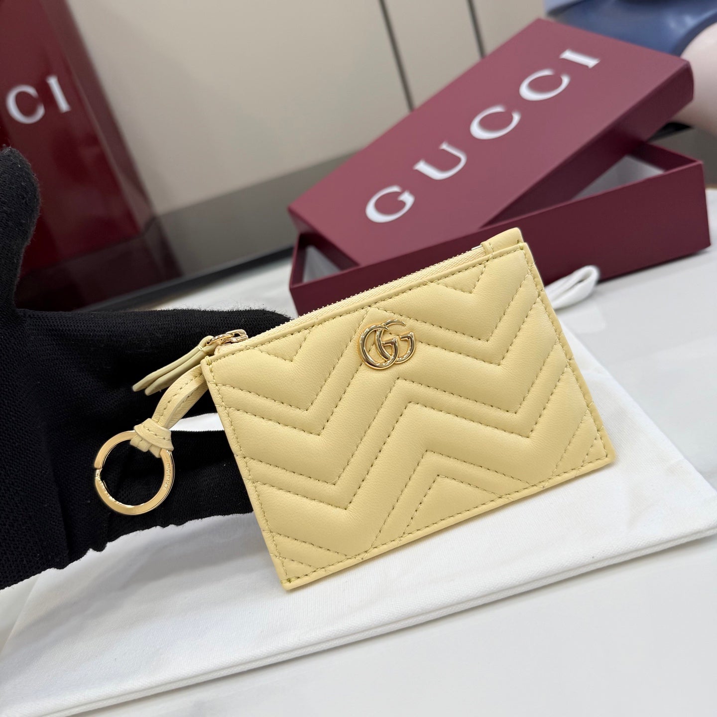 Gucci GG Marmont Black Leather Double G Quilted Key Case