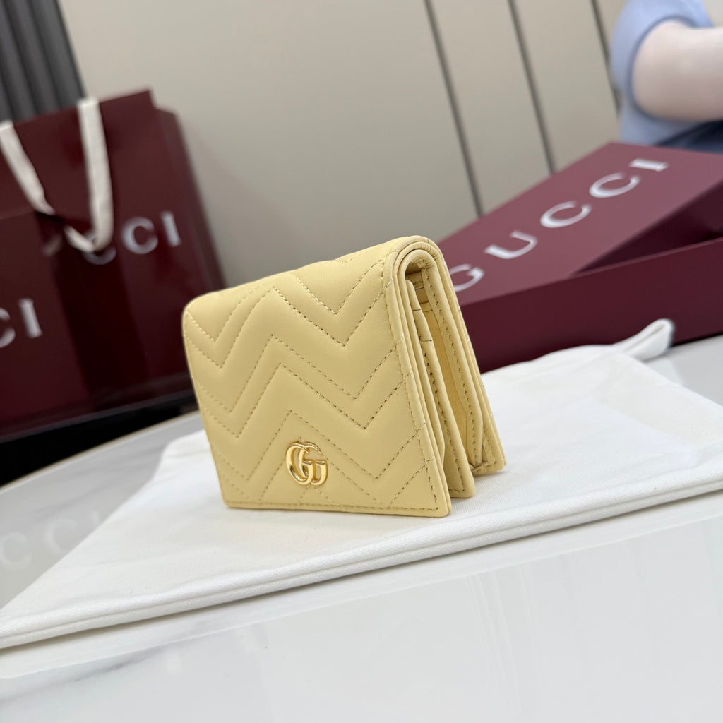 Gucci GG Marmont Yellow Lambskin Leather Double G Quilted Wallet