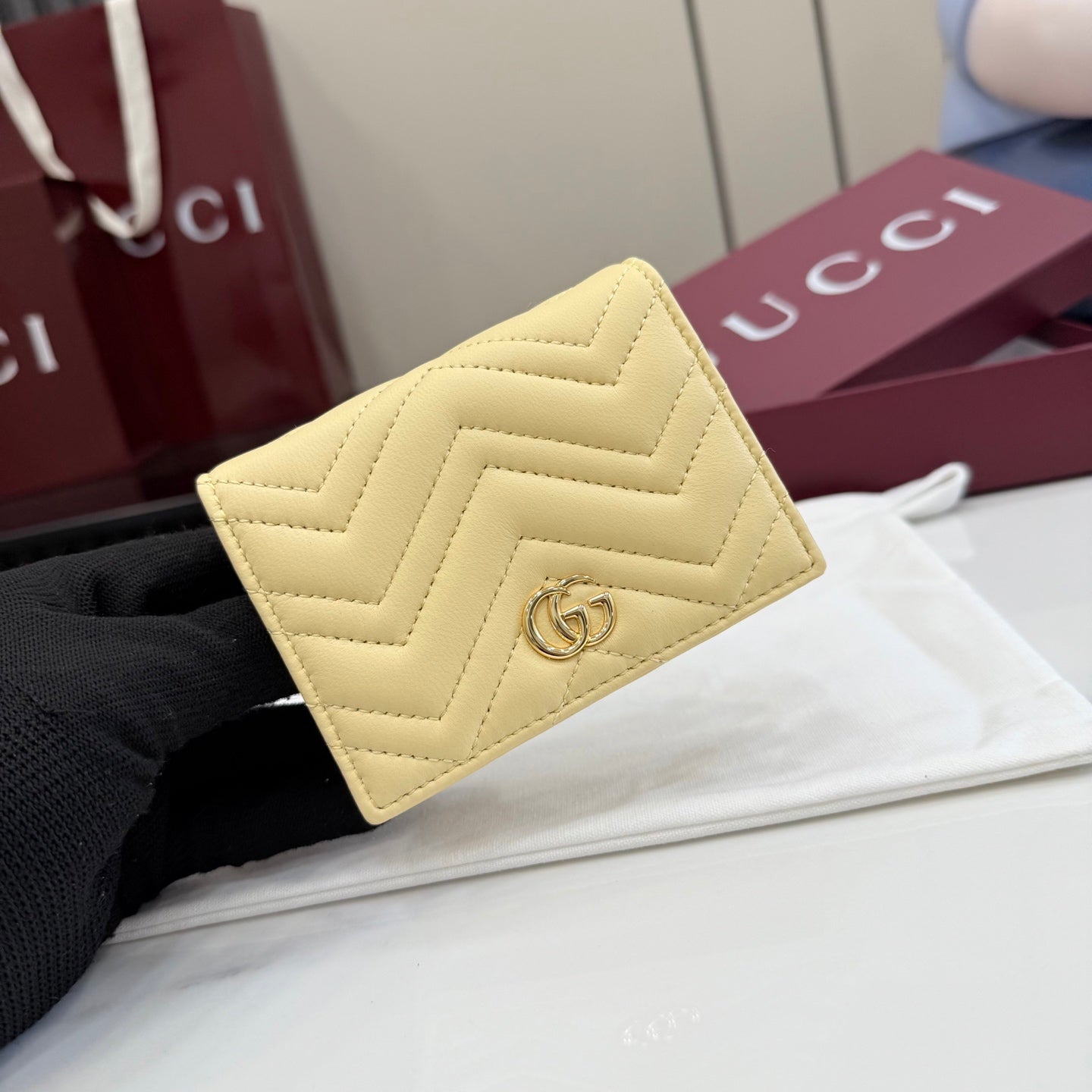 Gucci GG Marmont Yellow Lambskin Leather Double G Quilted Wallet