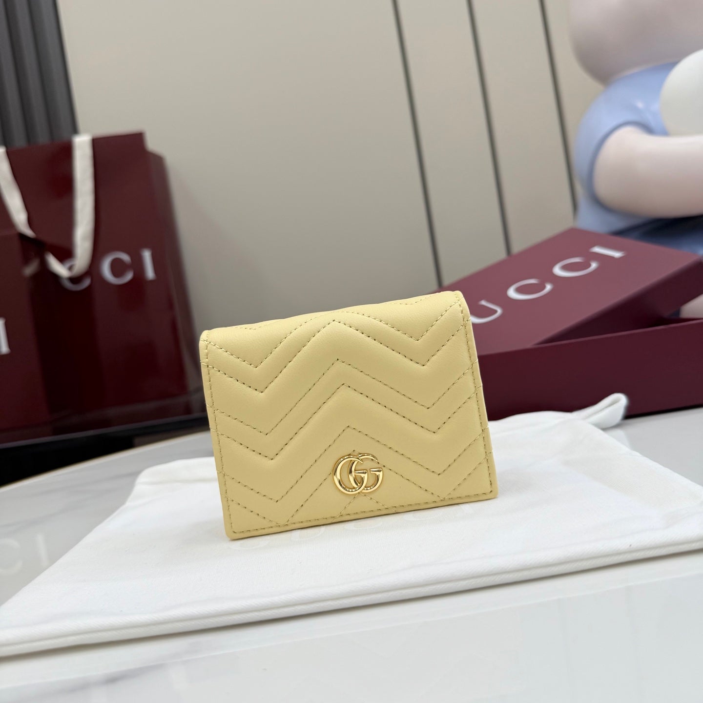 Gucci GG Marmont Yellow Lambskin Leather Double G Quilted Wallet